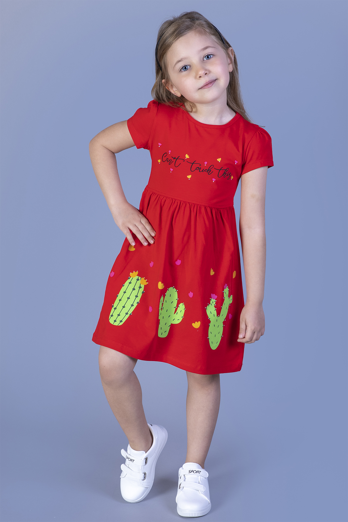 Toontoy Kız Çocuk Kaktüs Baskılı Büzgülü Elbise