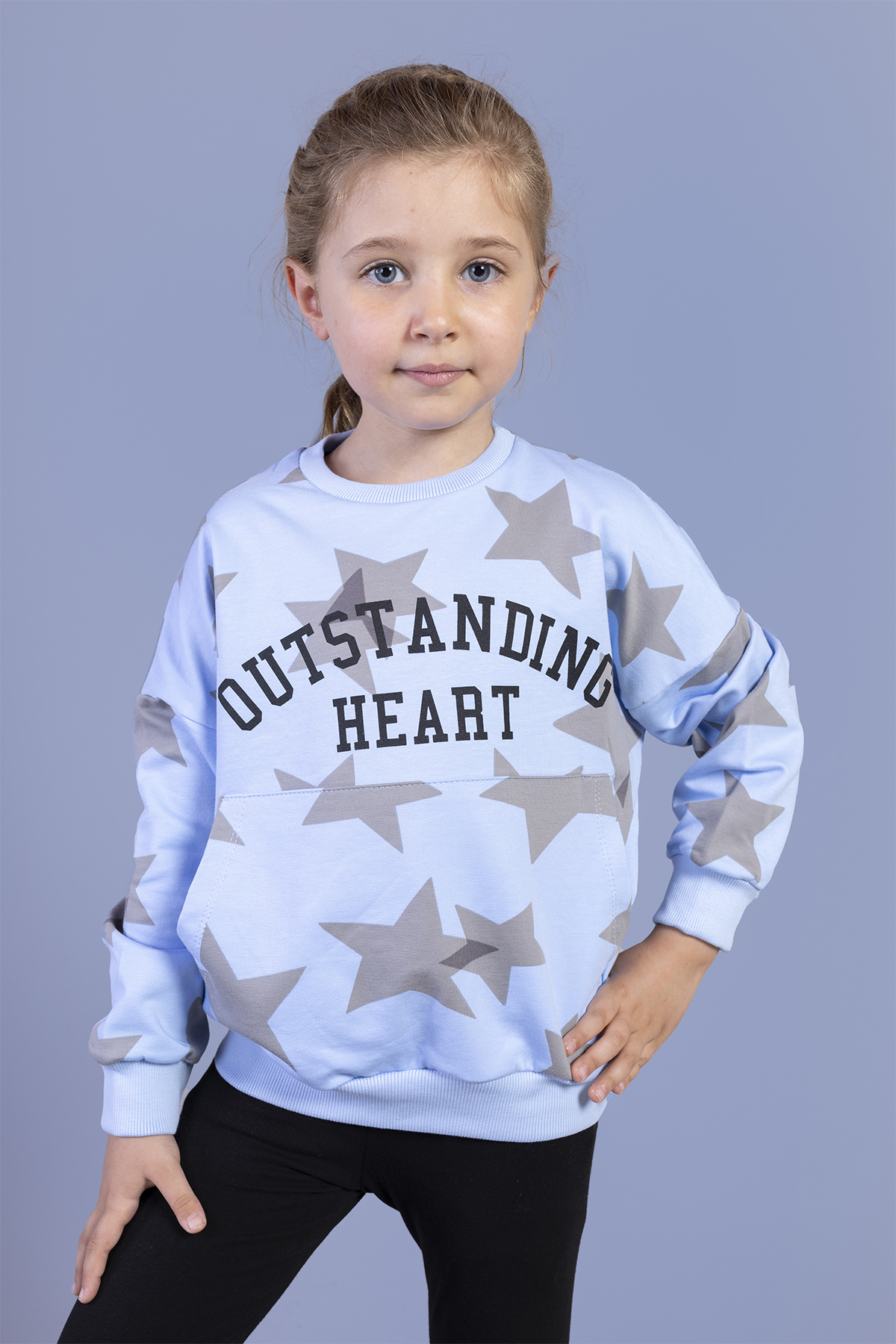 Toontoy Kız Çocuk Kanguru Cepli Komple Yıldız Baskılı Sweatshirt