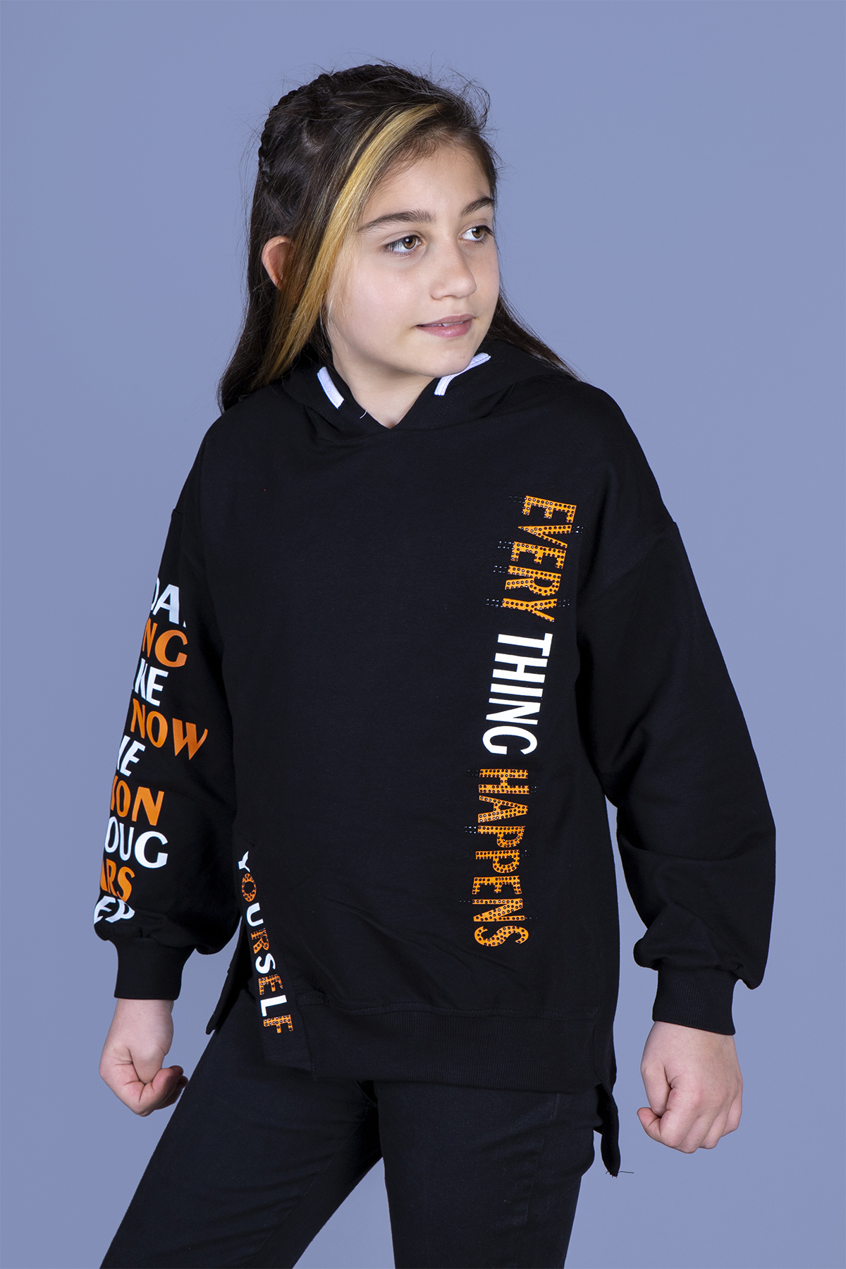 Toontoy Kız Çocuk Kapüşonlu Yırtmaç Detaylı Baskılı Sweatshirt