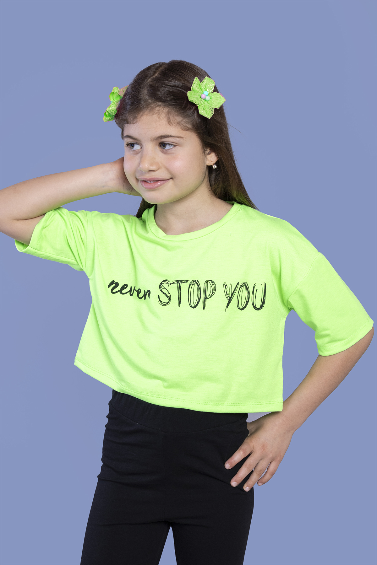 Toontoy Kız Çocuk Baskılı Düşük Kol Crop Tişört