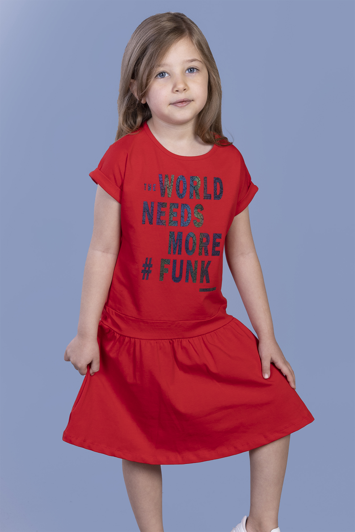 Toontoy Kız Çocuk Renkli Yazı Baskılı Büzgü Detaylı Elbise