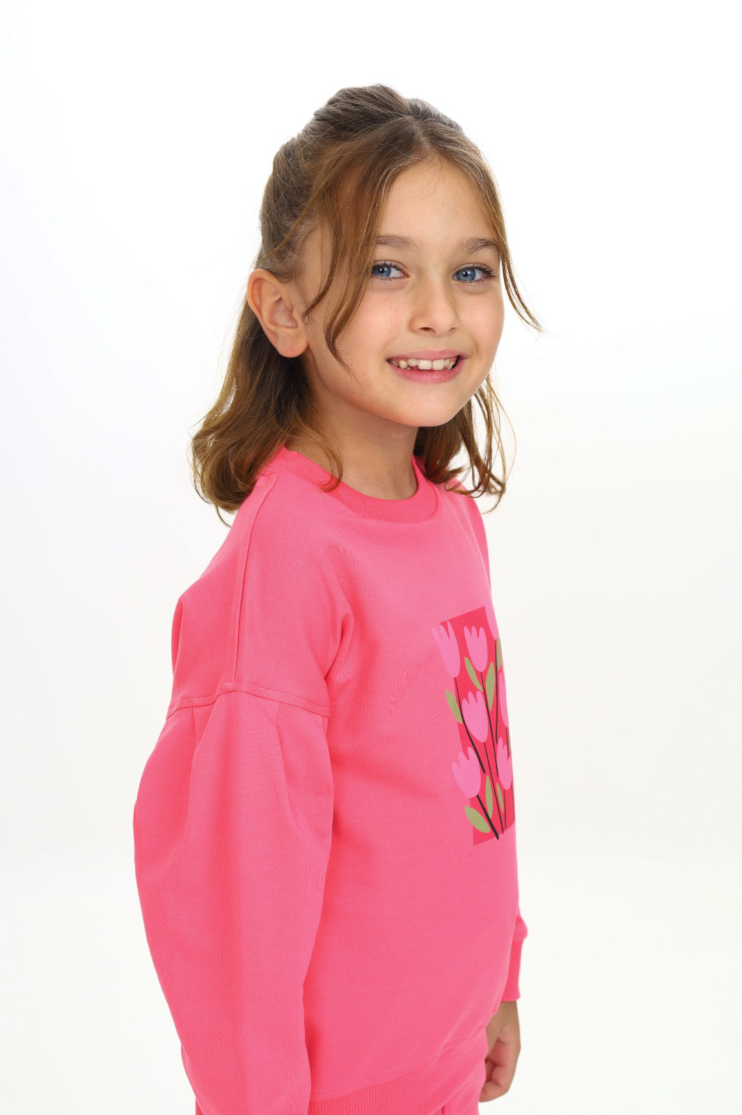 Toontoy  Kız Çocuk Kol Büzgülü Lale Baskılı Eşofman Takım