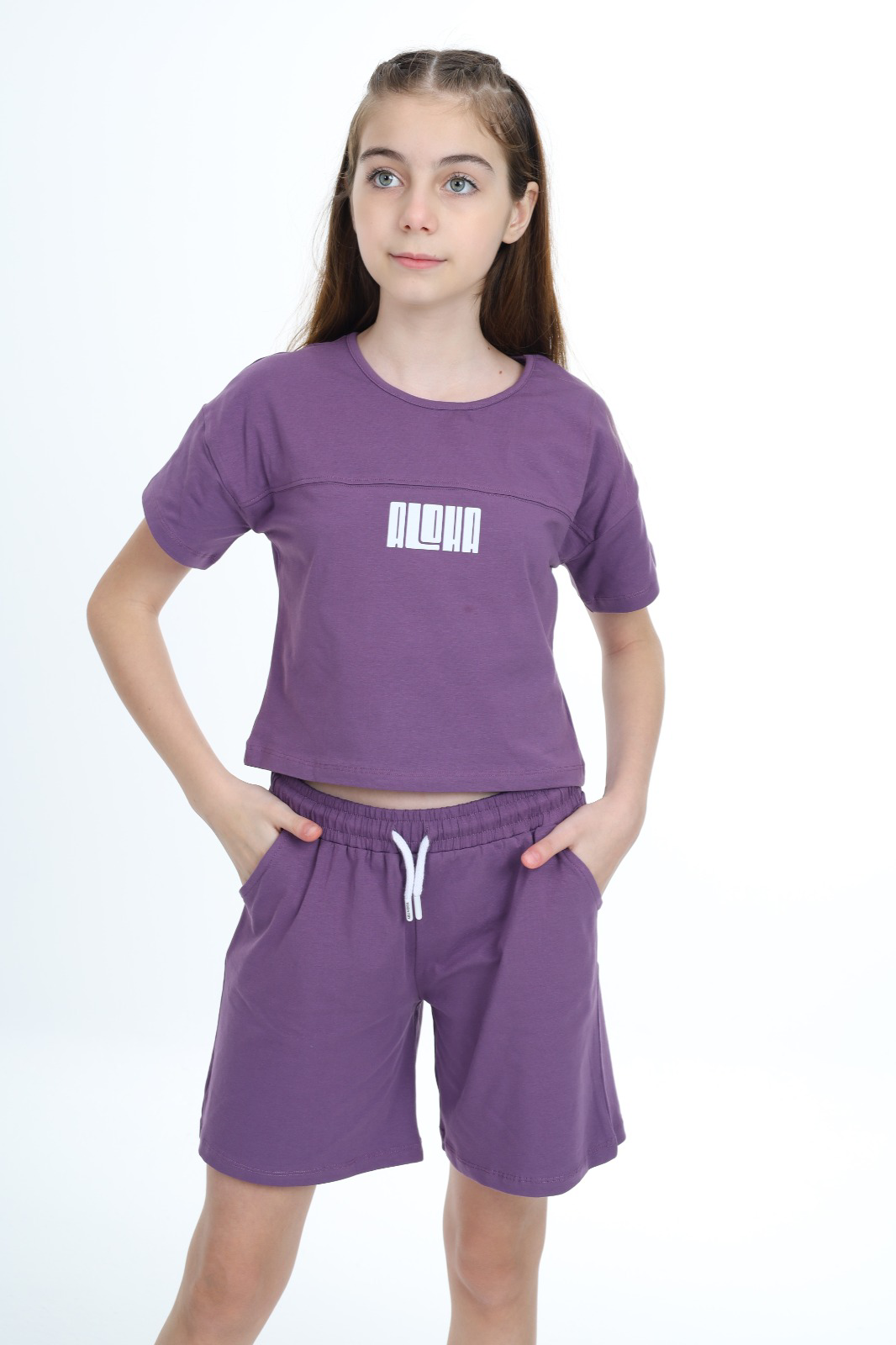 Toontoy  Kız Çocuk Crop Aloha Yazı Baskılı Şortlu Takım