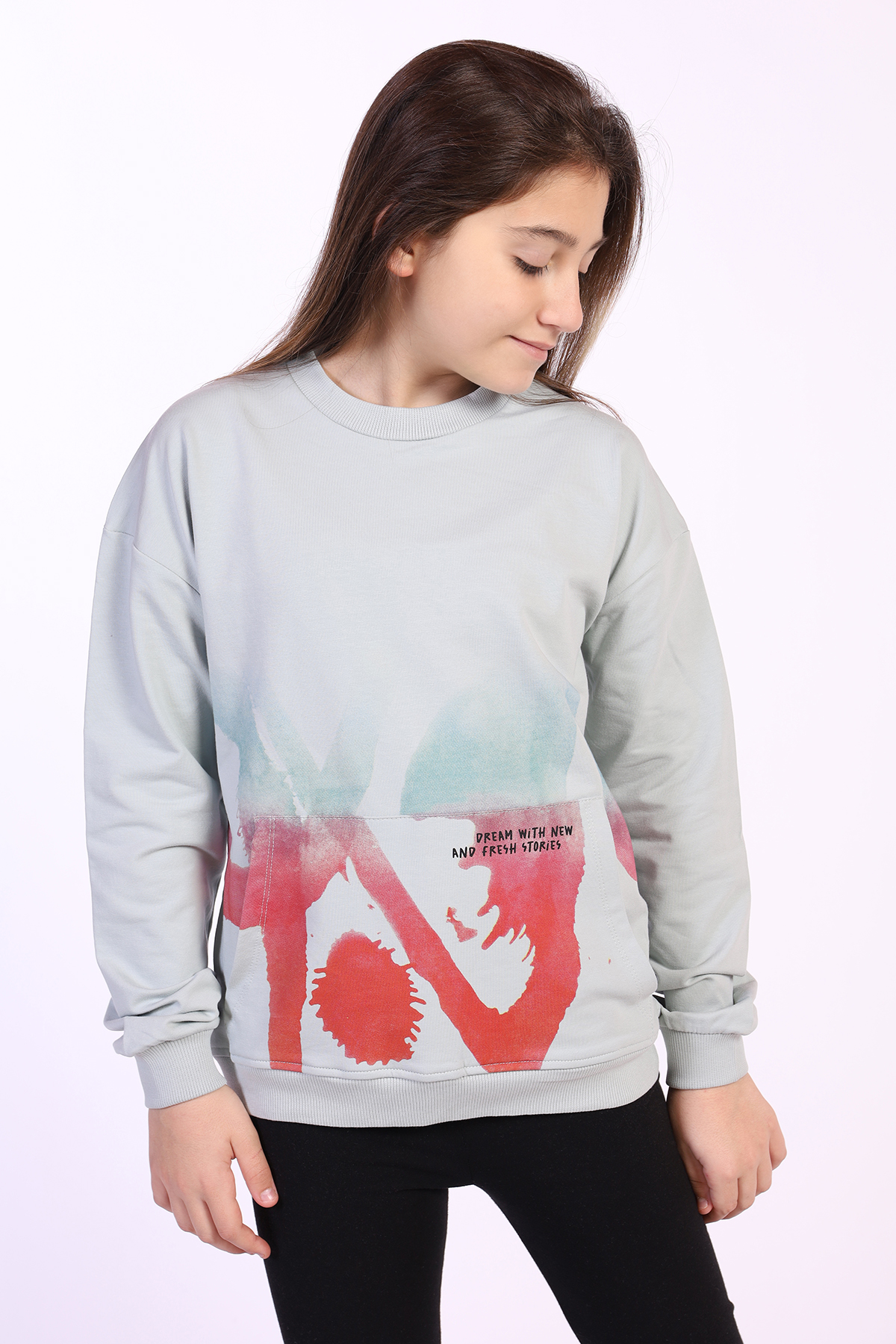 Toontoy Kız Çocuk Cepi Yazı Baskılı Sweatshirt