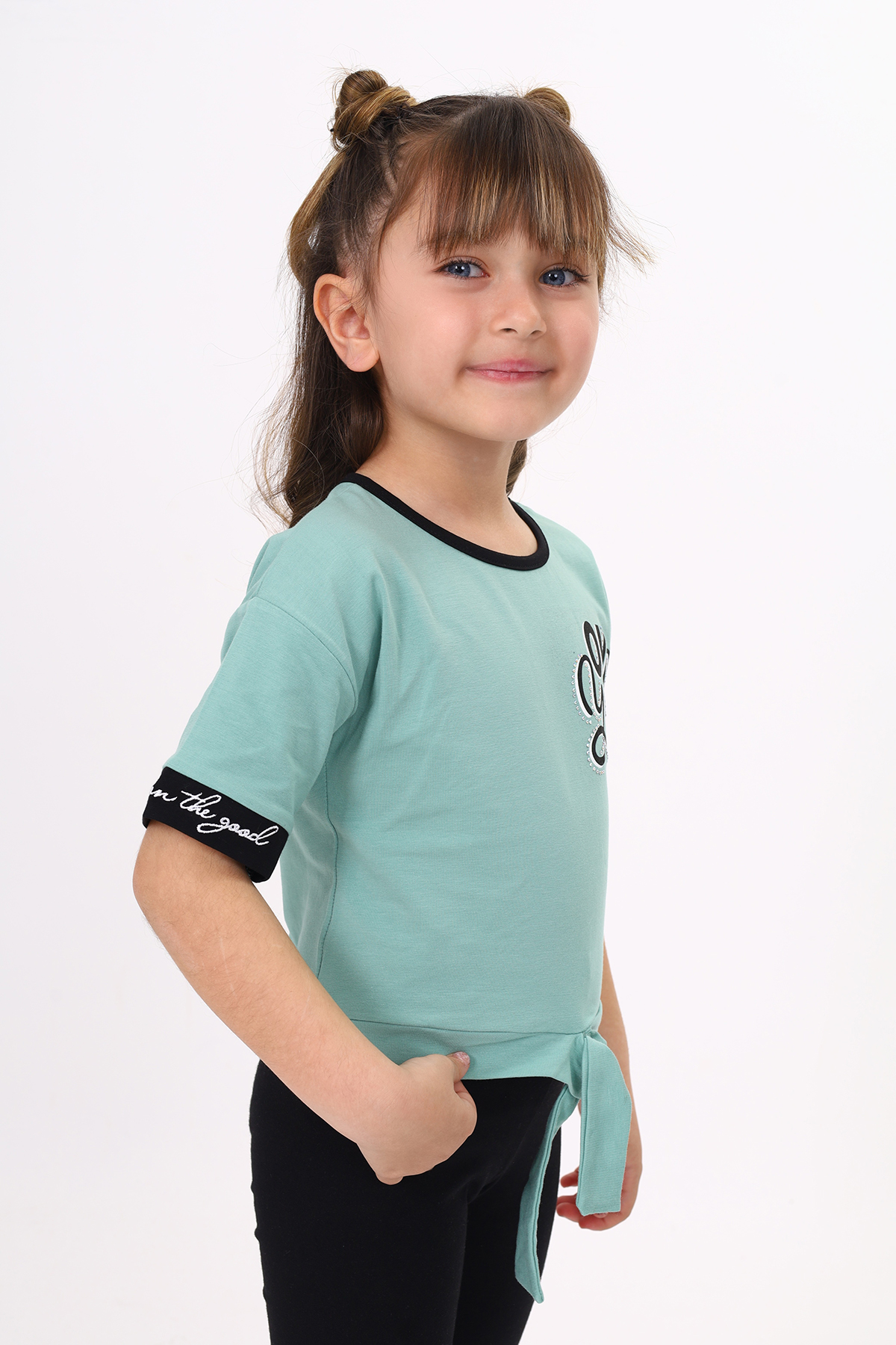 Toontoy Kız Çocuk Önü Bağlama Detaylı Baskılı Tişört