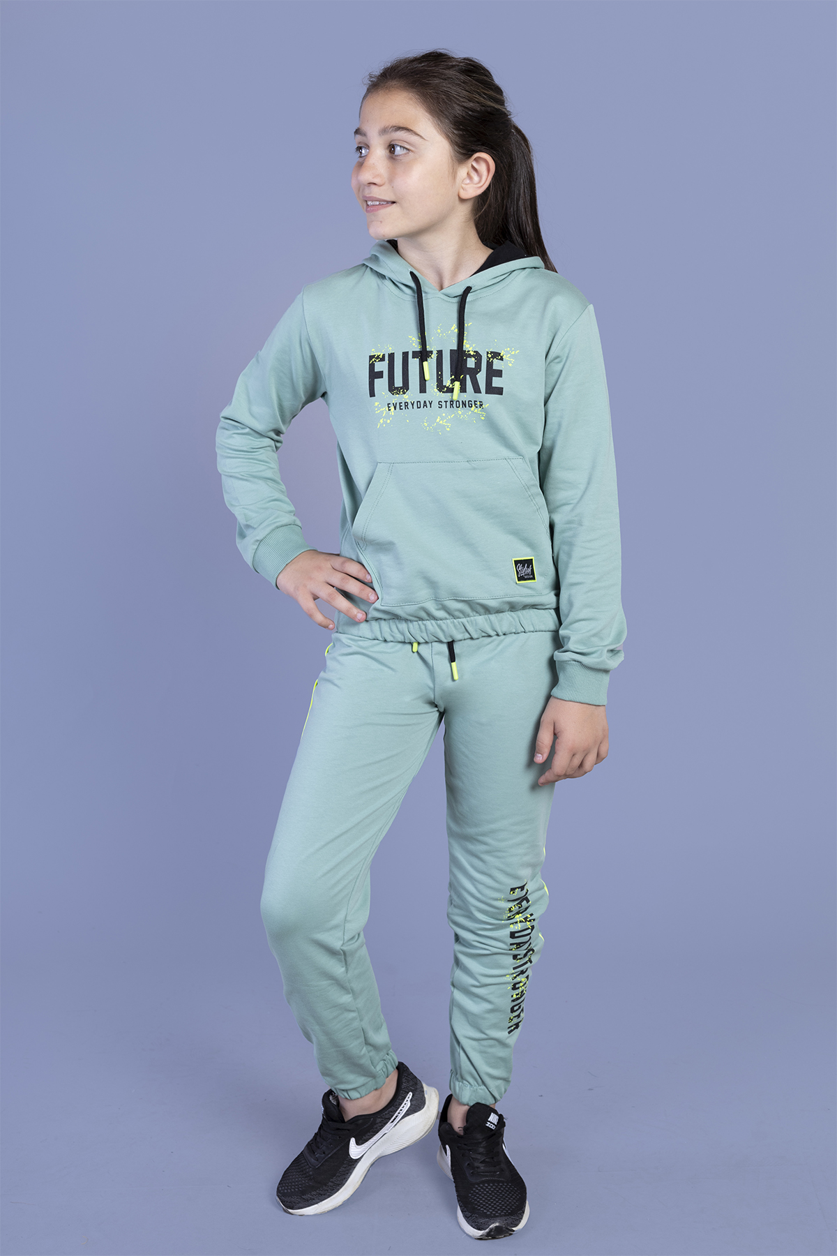 Toontoy Kız Çocuk Baskılı Kanguru Cepli Eşofman Takımı