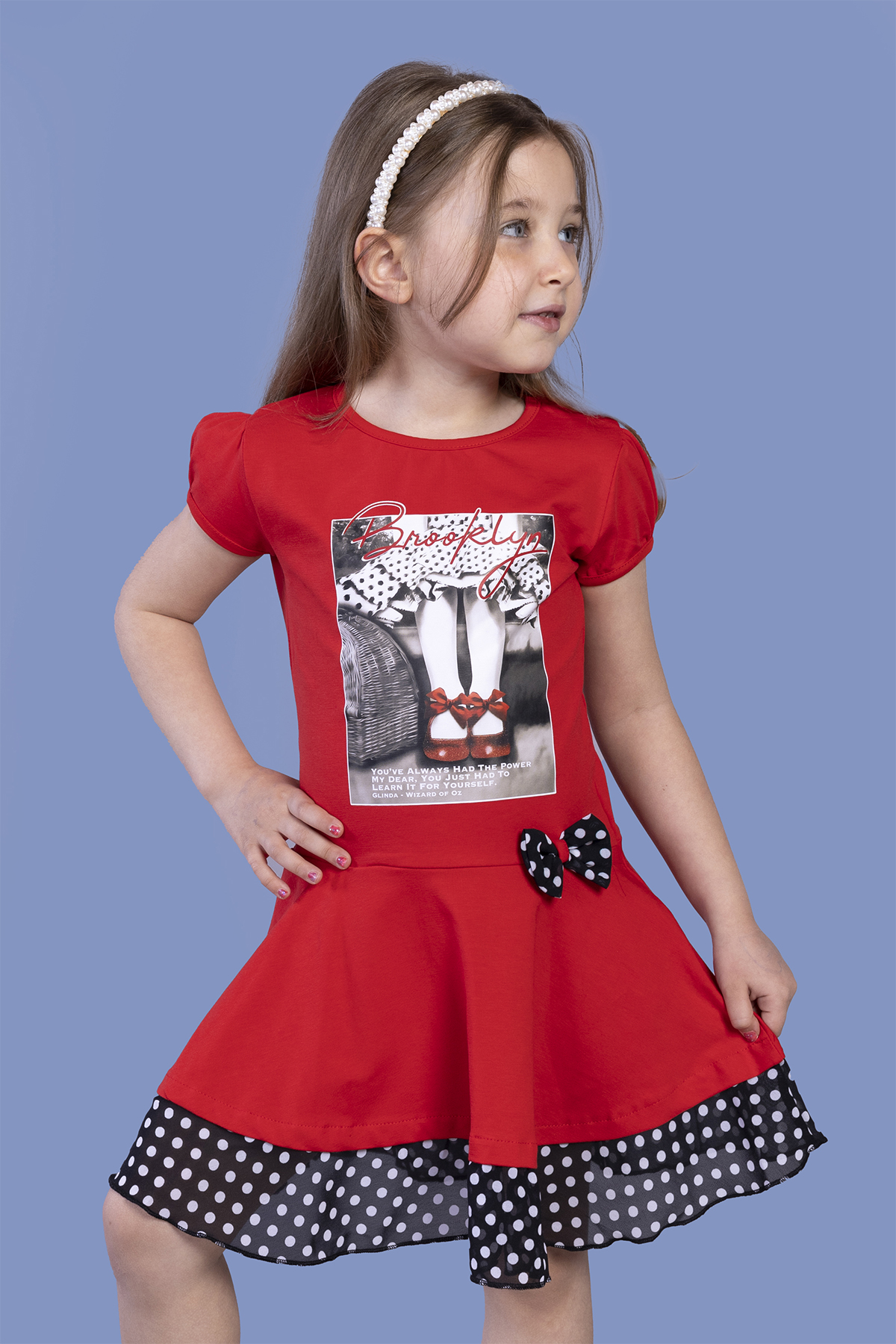 Toontoy Kız Çocuk Puantiyeli Tül Detaylı Dijital Baskılı Elbise