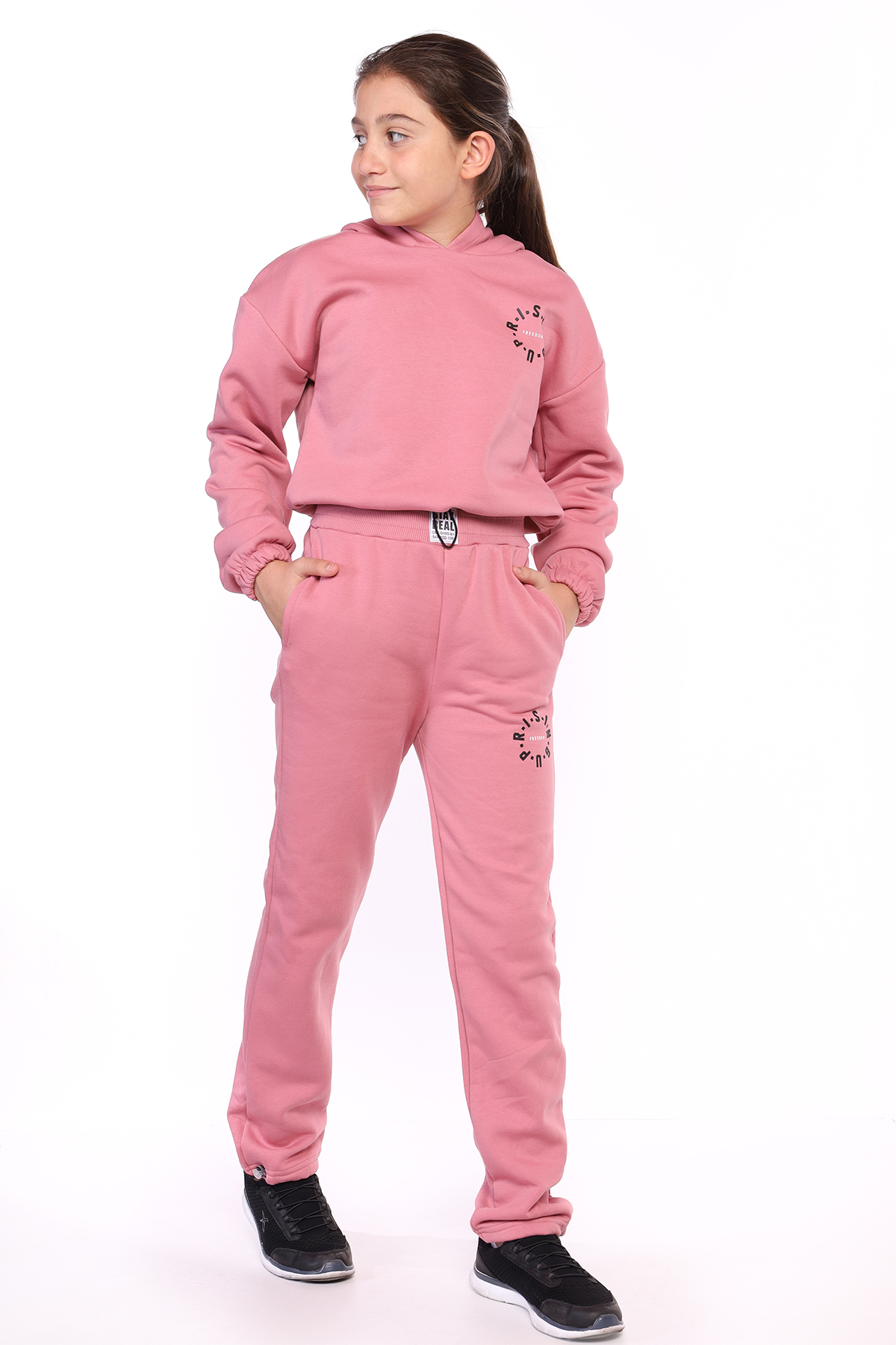 Toontoy Kız Çocuk Kapüşonlu Baskılı Crop Takım