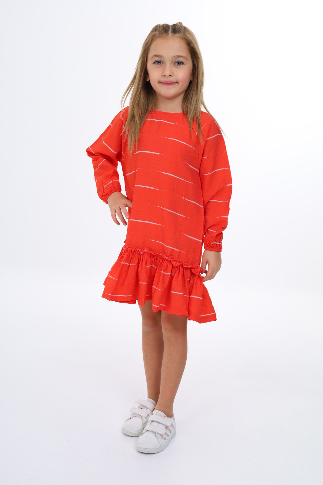 Toontoy Kız Çocuk Reglan Kol Fırfır Büzgülü Elbise
