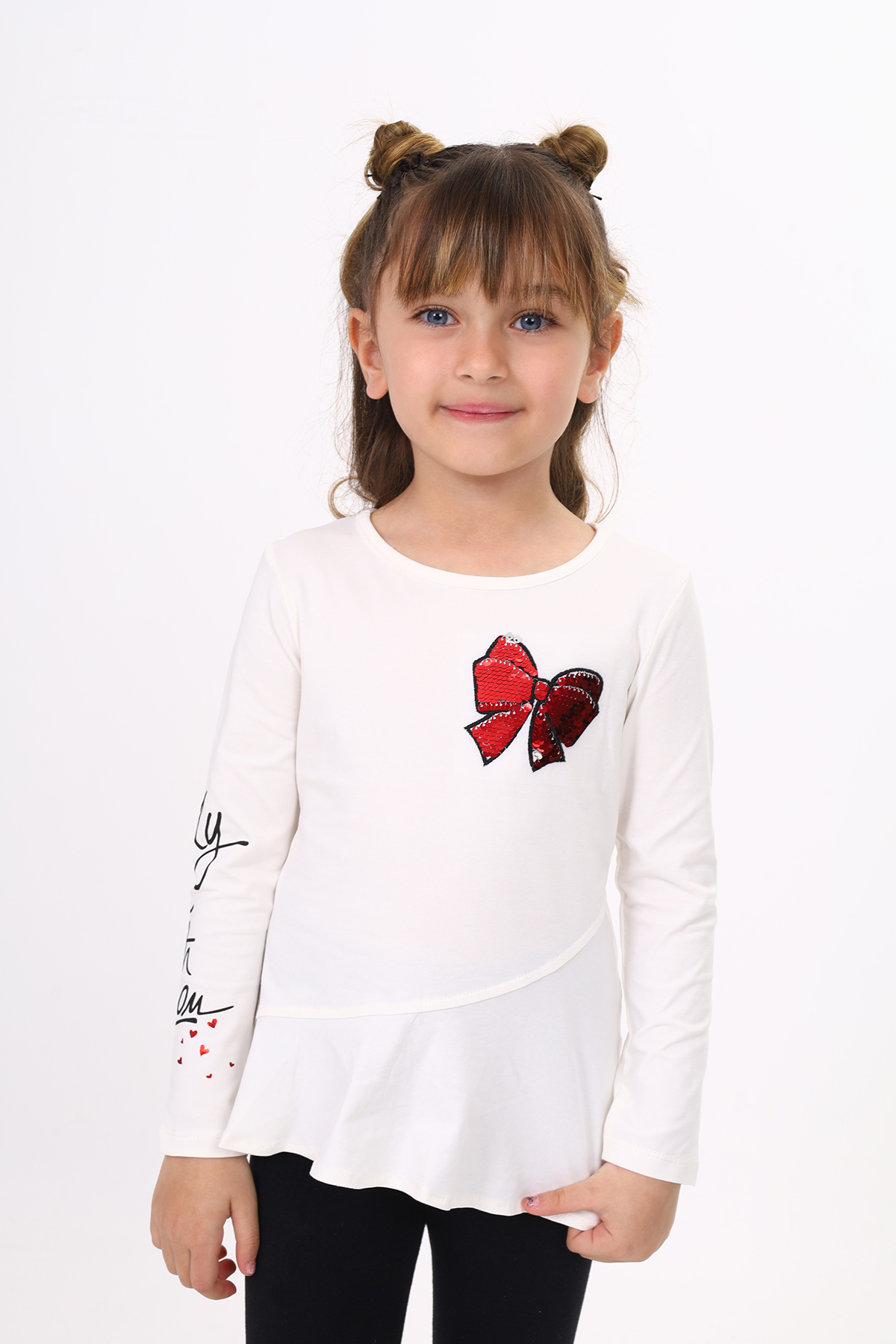 Toontoy Kız Çocuk Göğsü Pullu Fiyonklu Nakışlı T-Shirt