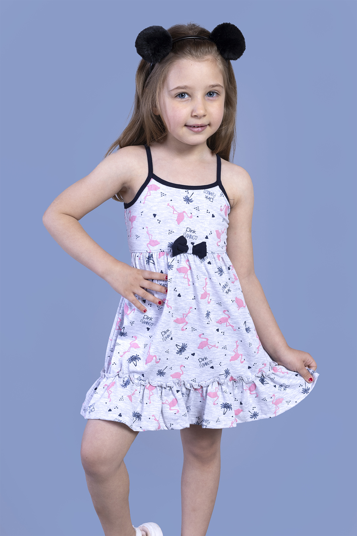 Toontoy Kız Çocuk Flamingo Desenli Büzgü Detaylı Elbise