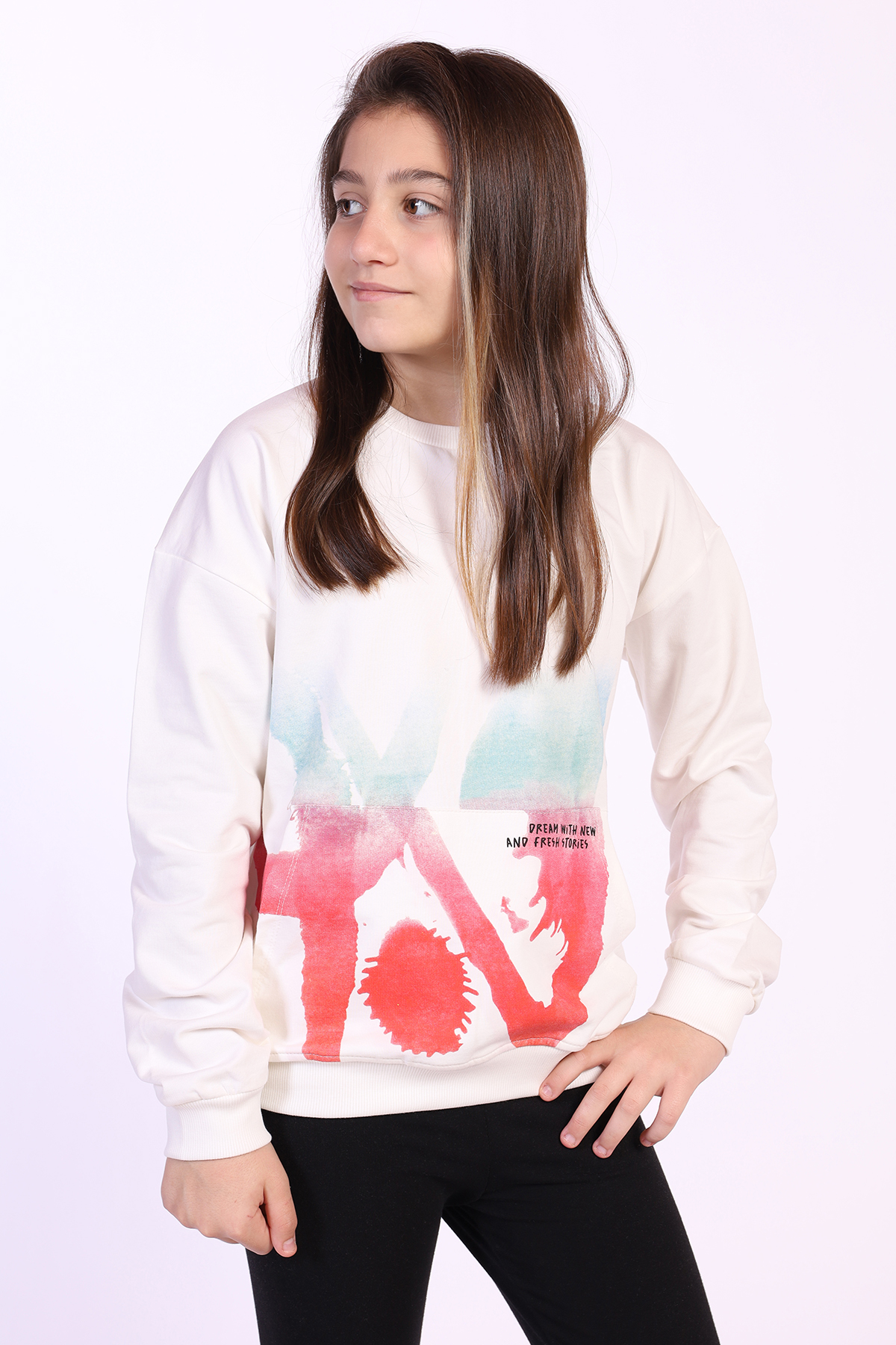 Toontoy Kız Çocuk Cepi Yazı Baskılı Sweatshirt