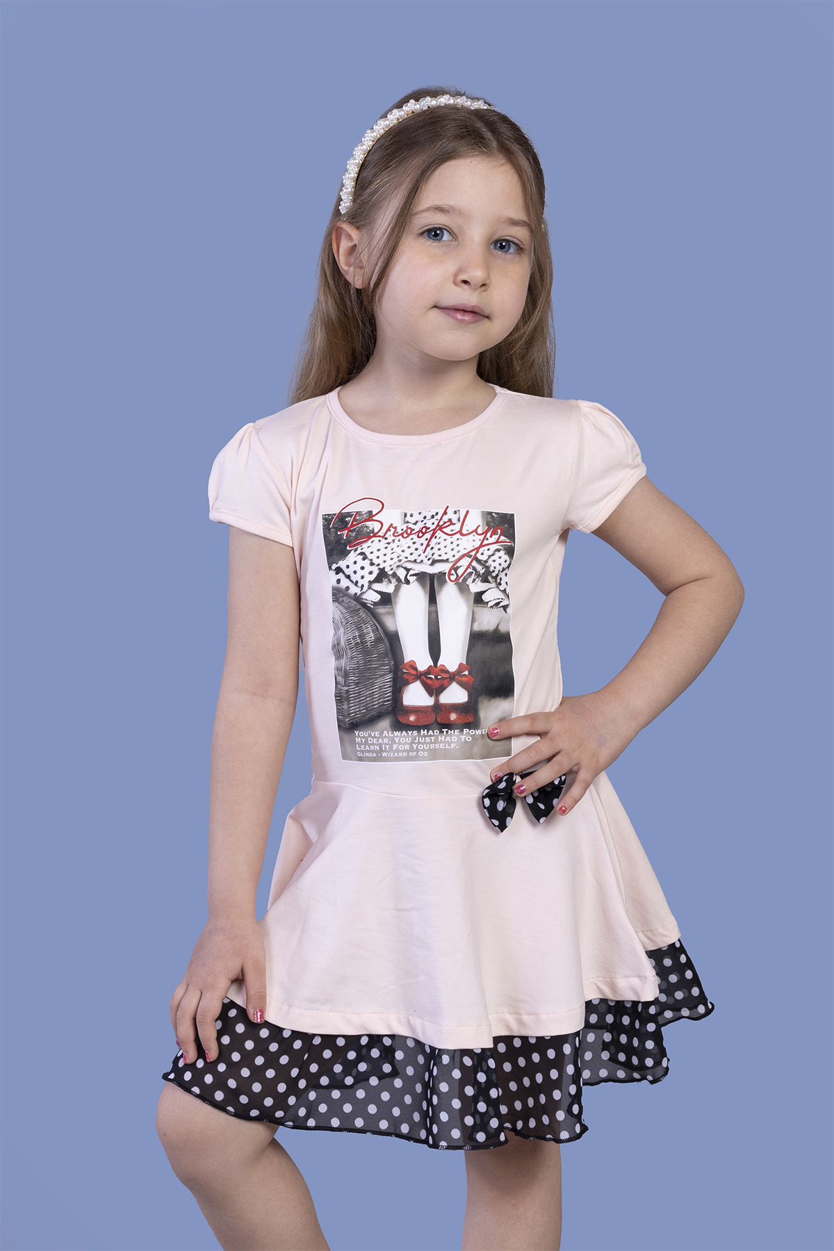 Toontoy Kız Çocuk Puantiyeli Tül Detaylı Dijital Baskılı Elbise