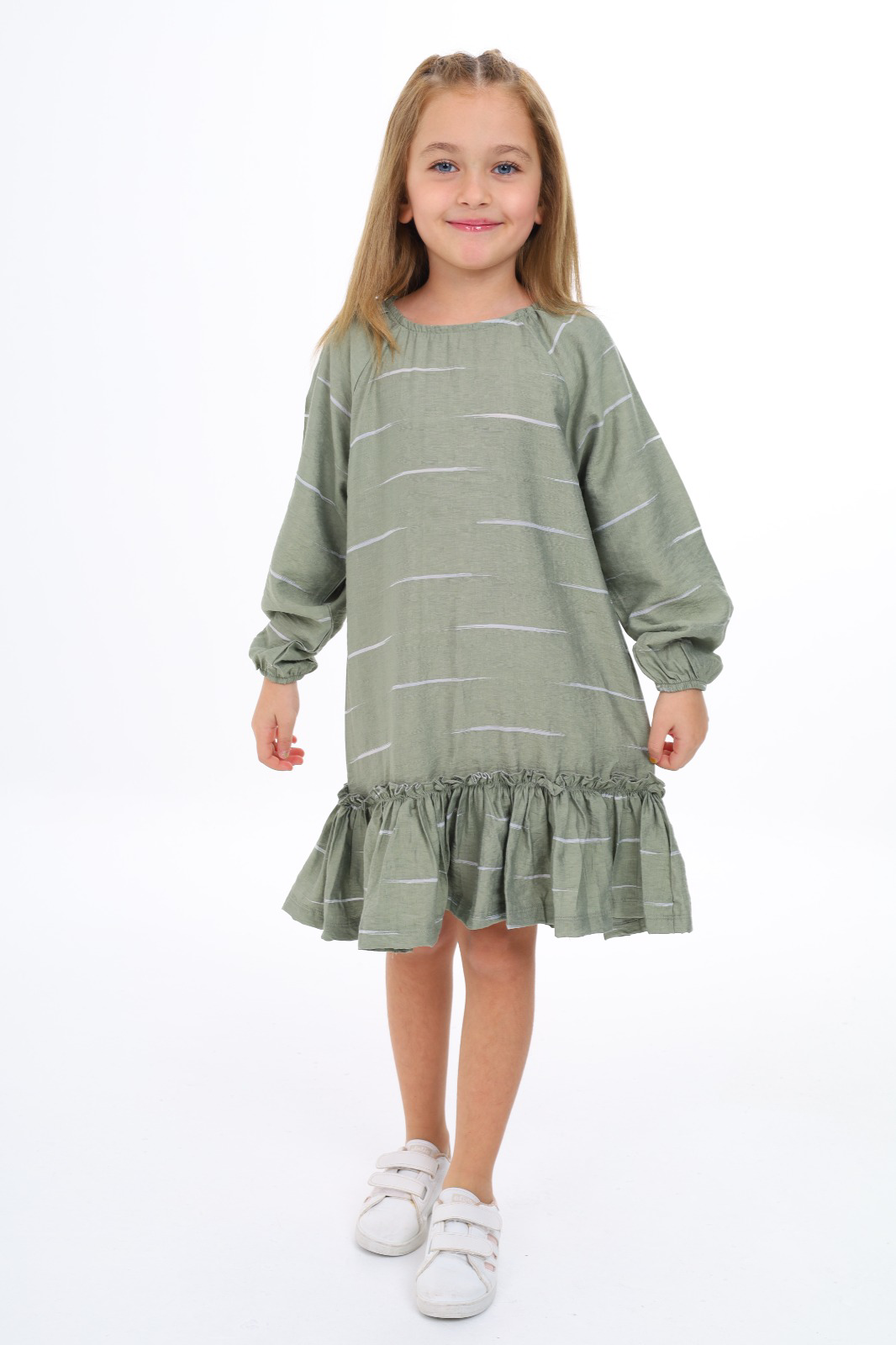 Toontoy Kız Çocuk Reglan Kol Fırfır Büzgülü Elbise