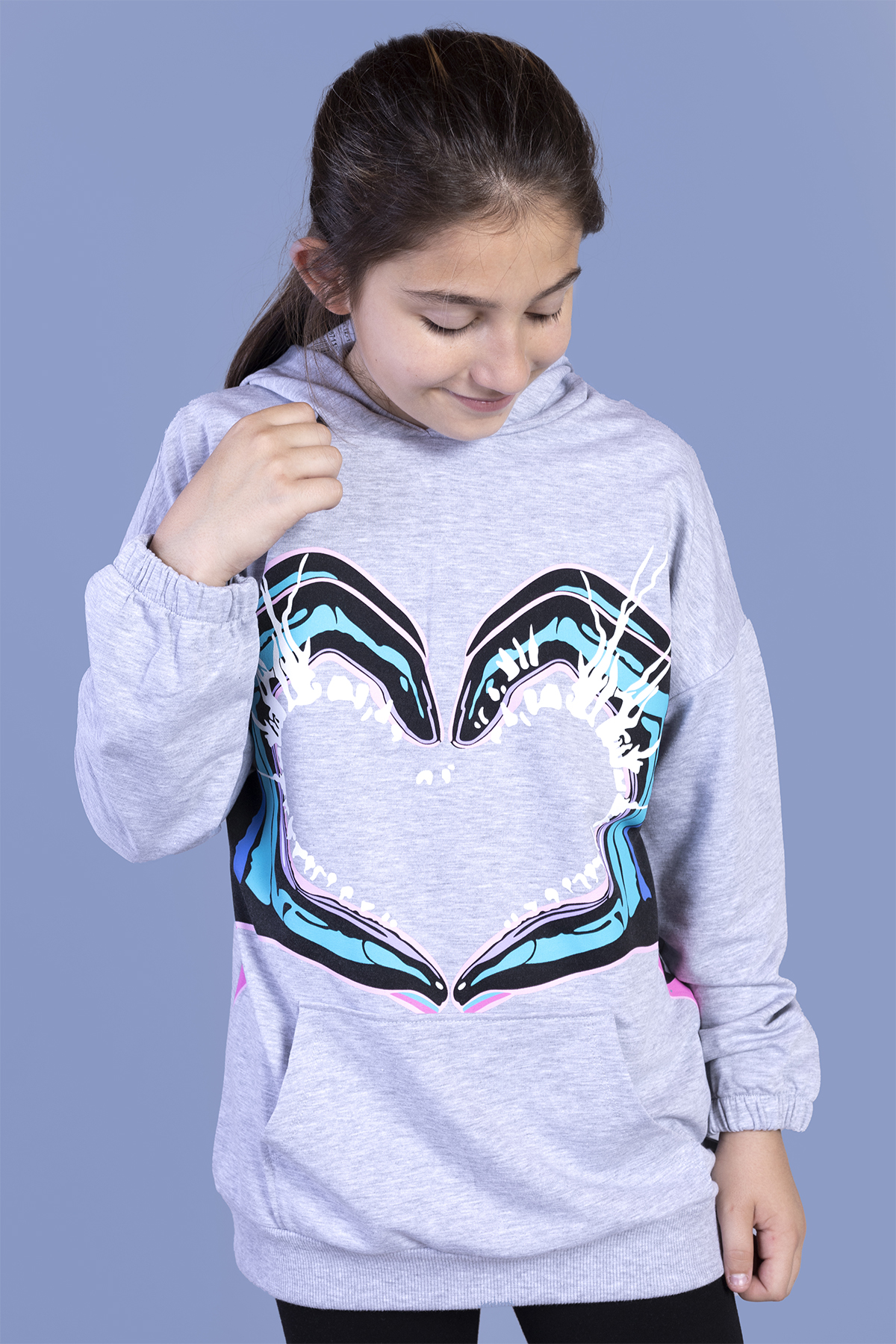 Toontoy Kız Çocuk Kapüşonlu Kanguru Cepli Baskılı Sweatshirt
