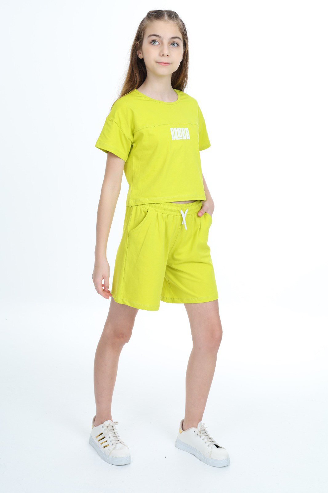 Toontoy  Kız Çocuk Crop Aloha Yazı Baskılı Şortlu Takım