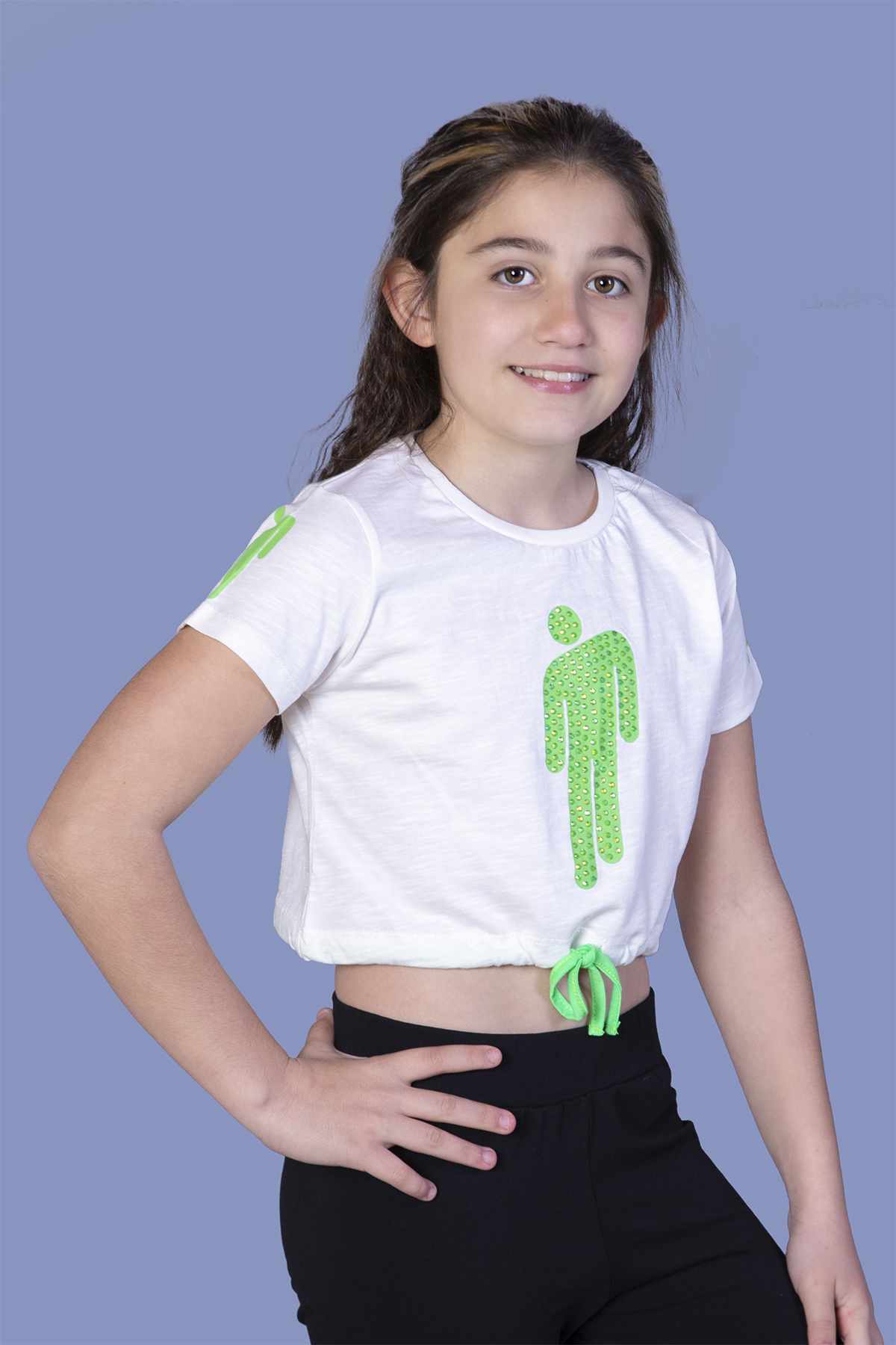 Toontoy Kız Çocuk Crop Model Baskılı Taş İşlemeli Tişört
