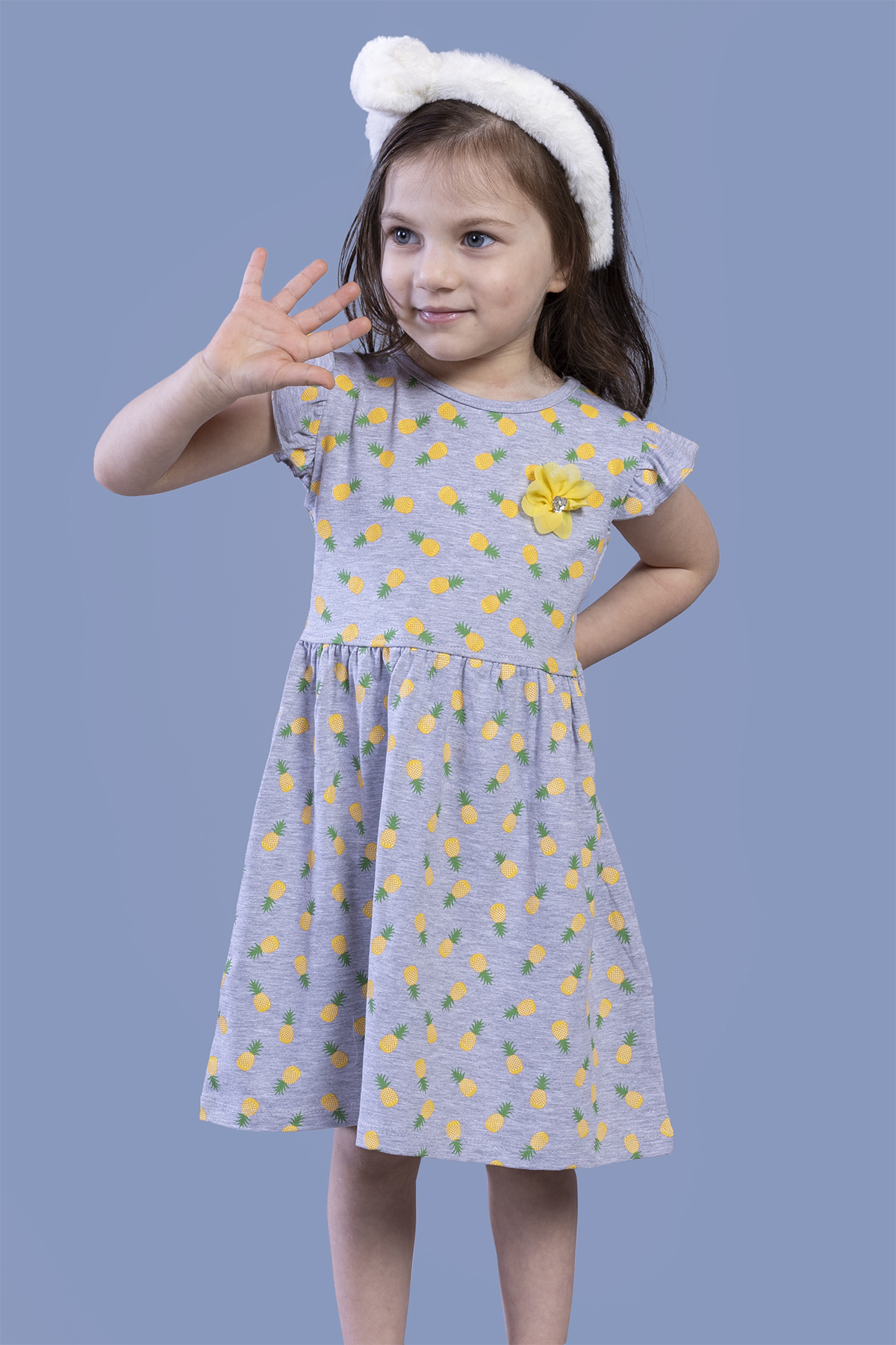 Toontoy Kız Çocuk Komple Ananas Baskılı Çiçek Aksesuarlı Elbise