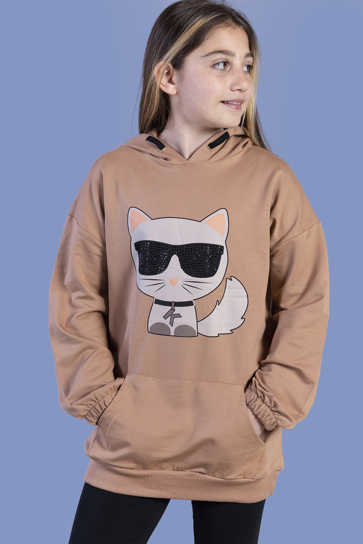 Toontoy Kız Çocuk Kedi Desenli Taş İşlemeli Kanguru Cepli Sweatsh