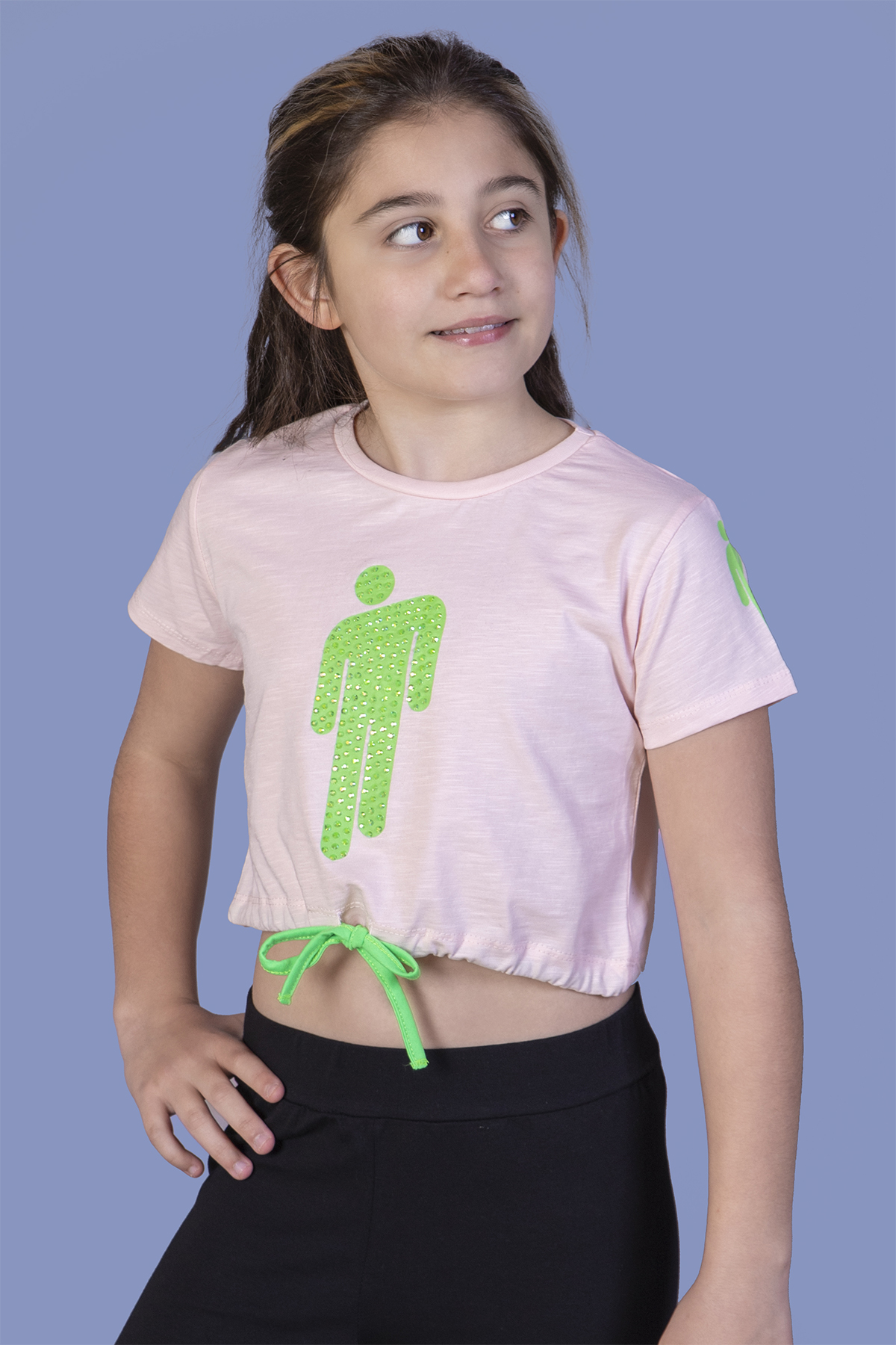 Toontoy Kız Çocuk Crop Model Baskılı Taş İşlemeli Tişört