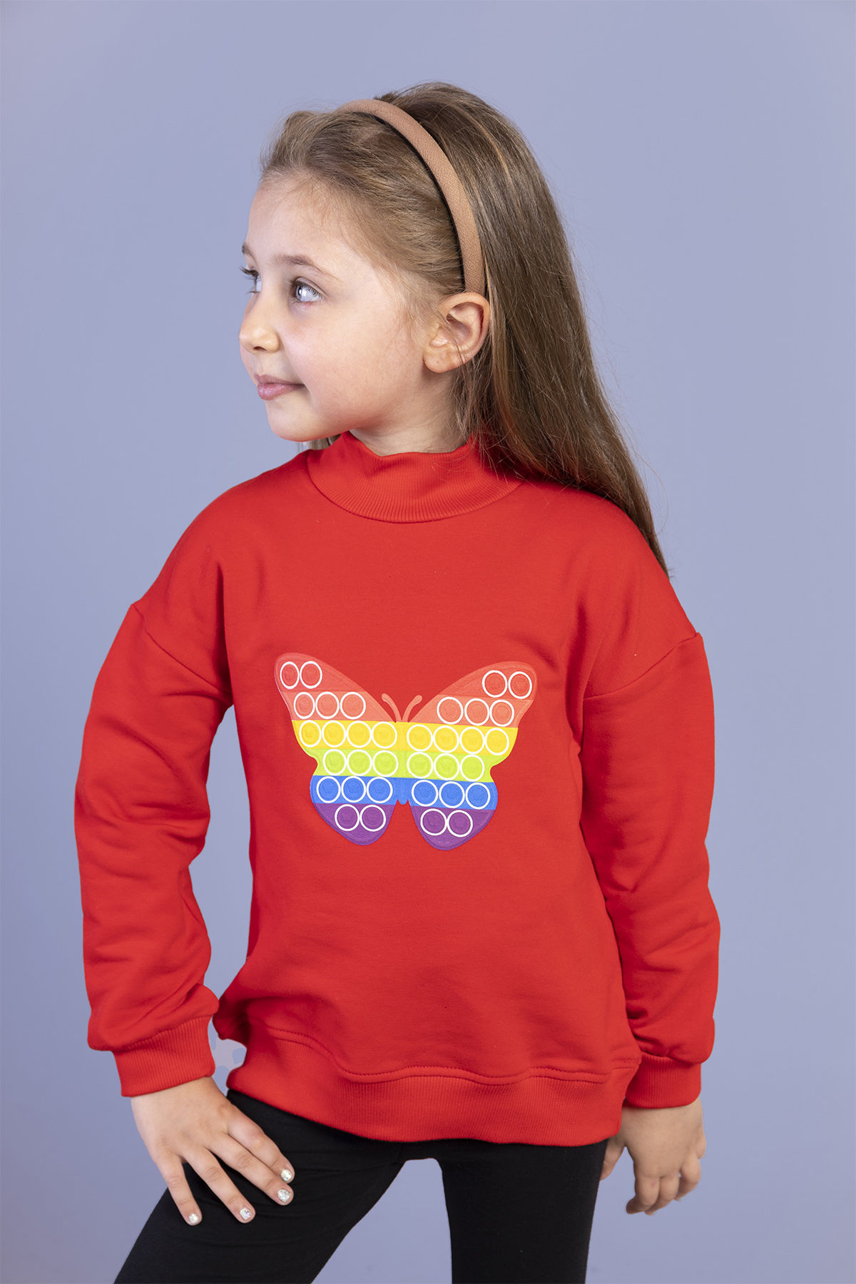 Toontoy Kız Çocuk Pamuklu Balıkçı Yaka Popıt Desenli Sweatshirt
