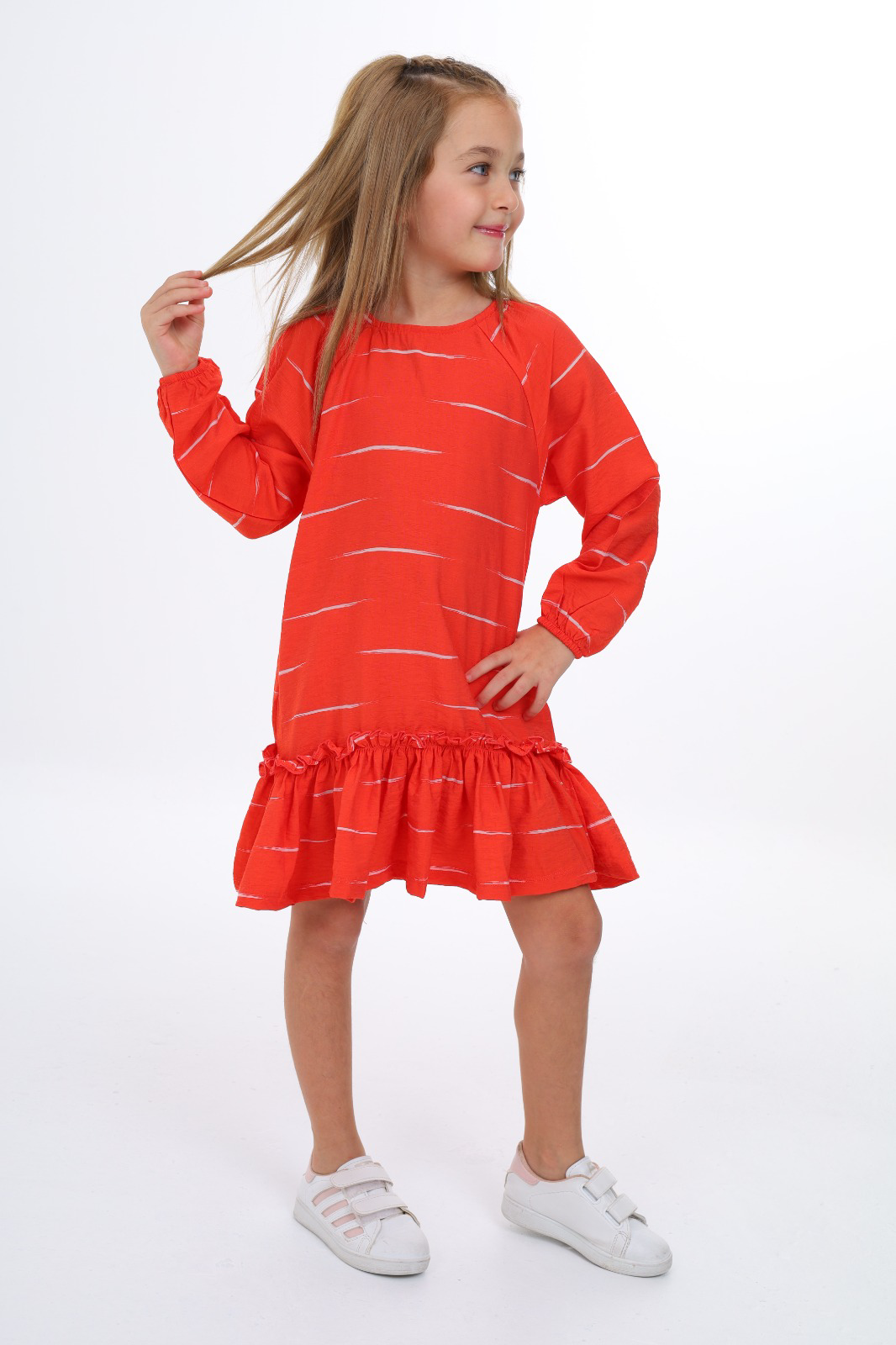 Toontoy Kız Çocuk Reglan Kol Fırfır Büzgülü Elbise