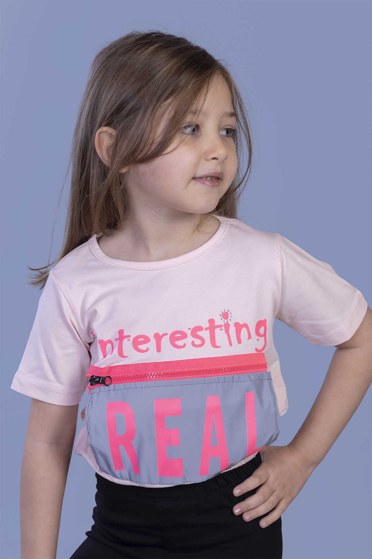 Toontoy Kız Çocuk Crop Model Cebi Reflektör Detaylı Baskılı Tişör