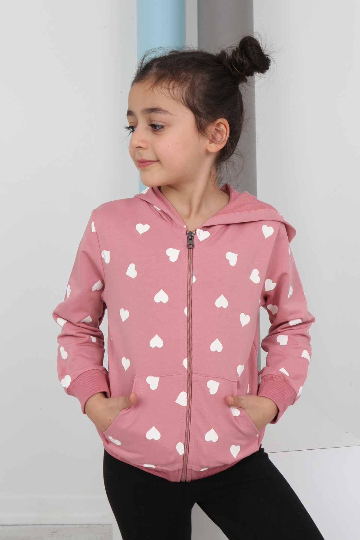 Toontoy  Kız Çocuk Komple Kalpli Baskılı Hırka