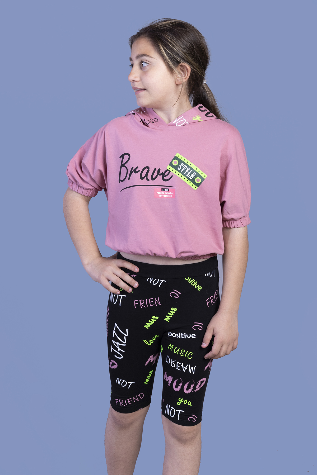 Toontoy Kız Çocuk Kapüşonlu Baskılı Biker Taytlı Takım