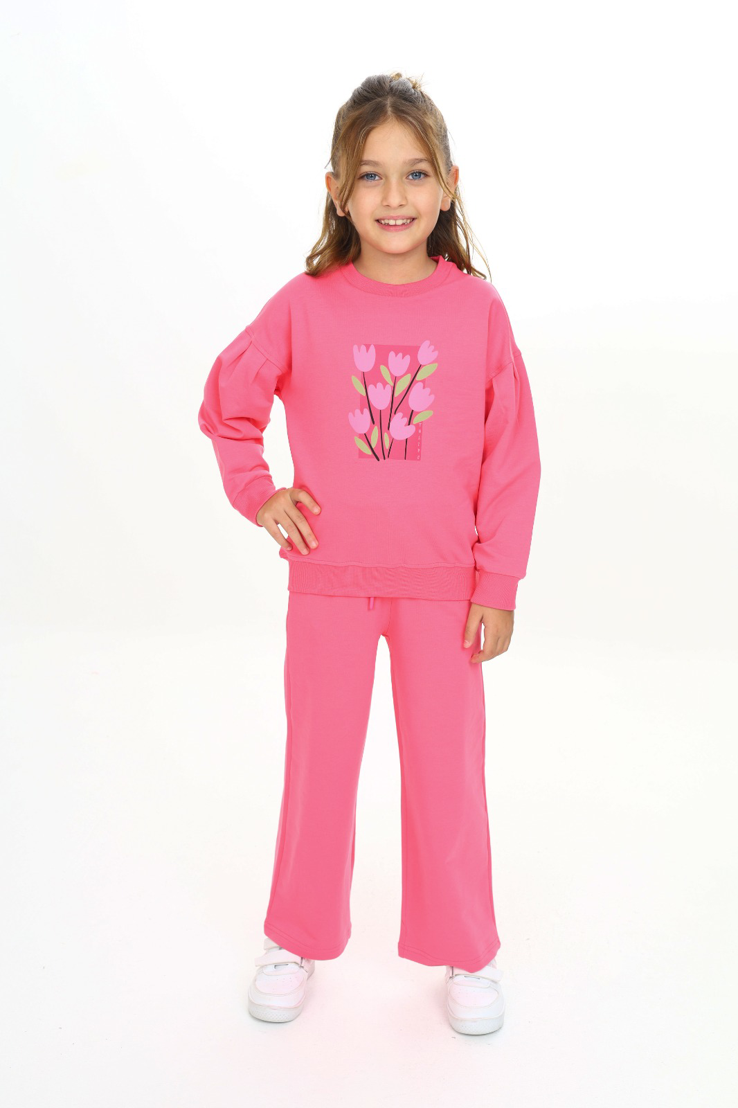 Toontoy  Kız Çocuk Kol Büzgülü Lale Baskılı Eşofman Takım
