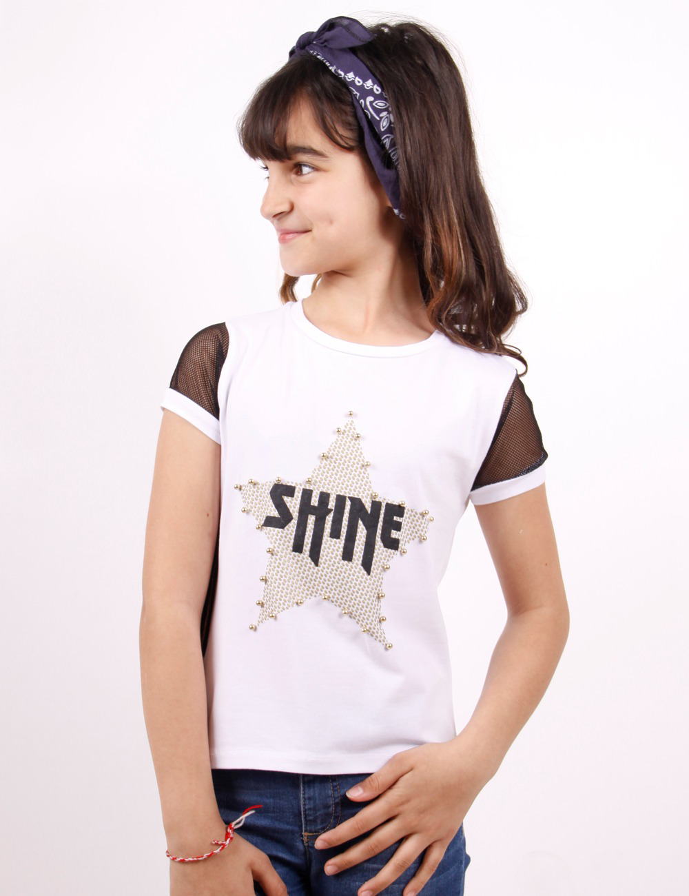 Toontoy Kız Çocuk Shine Yıldız Baskılı Kol Kısmı Fileli Tişört