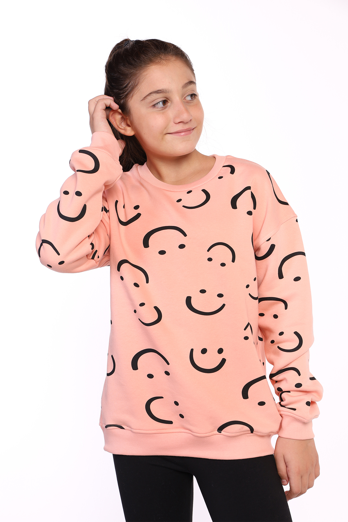 Toontoy Kız Çocuk Komple Gülen İfade Baskılı Sweatshirt