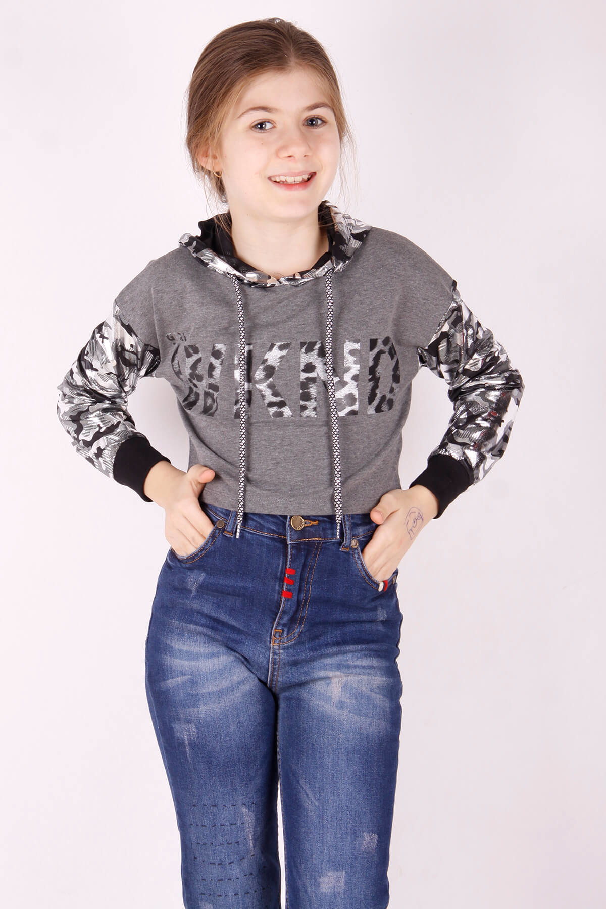 Toontoy Kız Çocuk Kamuflaj Desenli Kapşonlu Sweatshirt