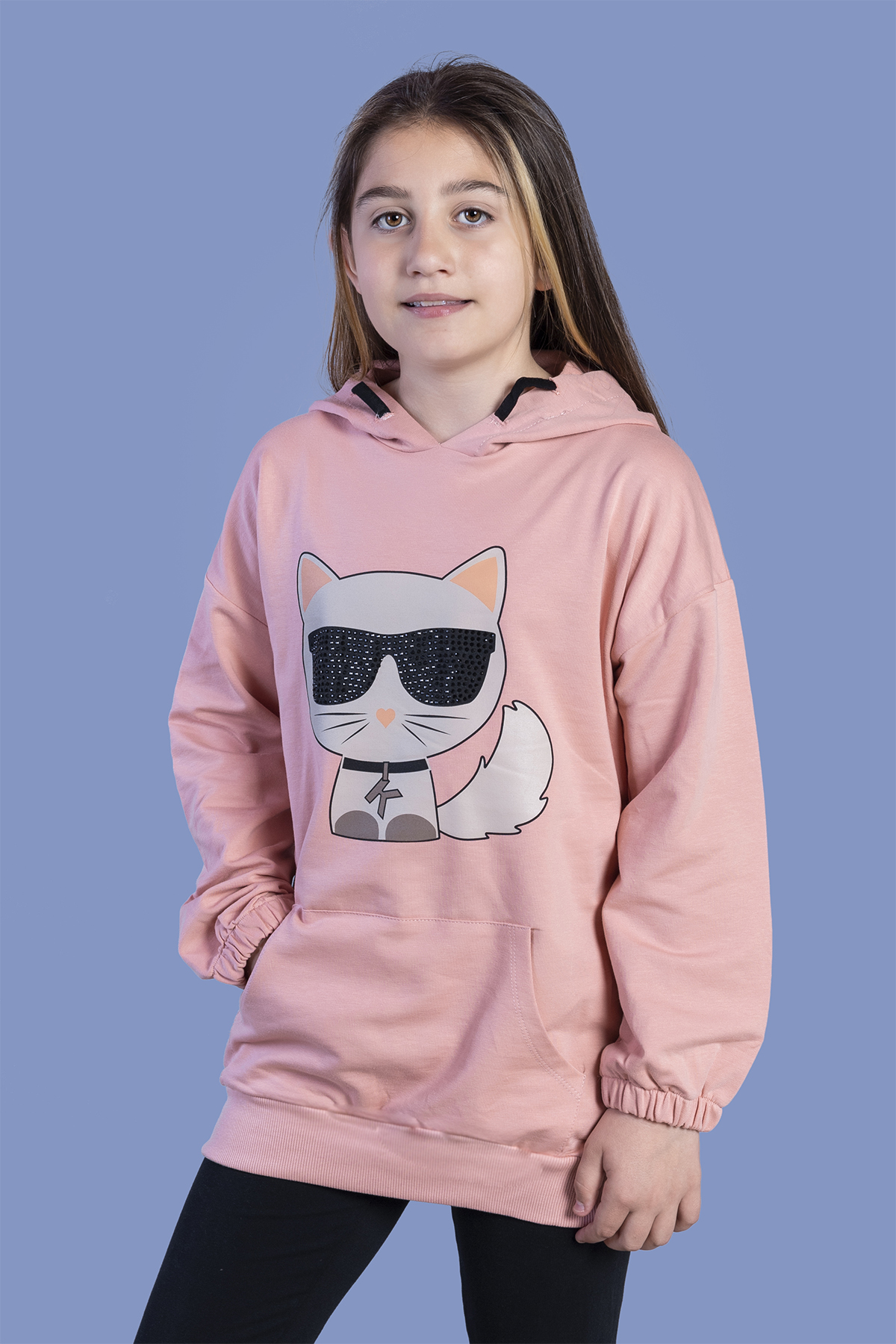 Toontoy Kız Çocuk Kedi Desenli Taş İşlemeli Kanguru Cepli Sweatsh