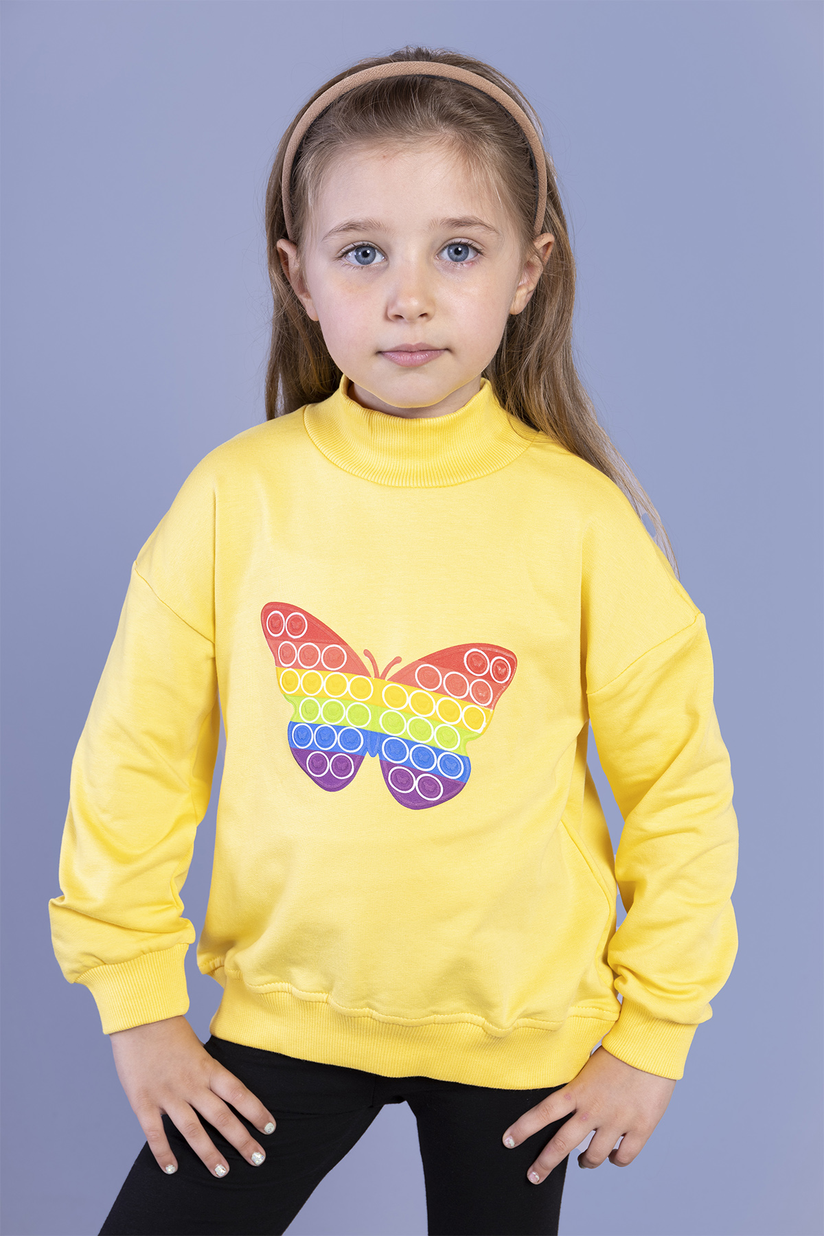 Toontoy Kız Çocuk Pamuklu Balıkçı Yaka Popıt Desenli Sweatshirt