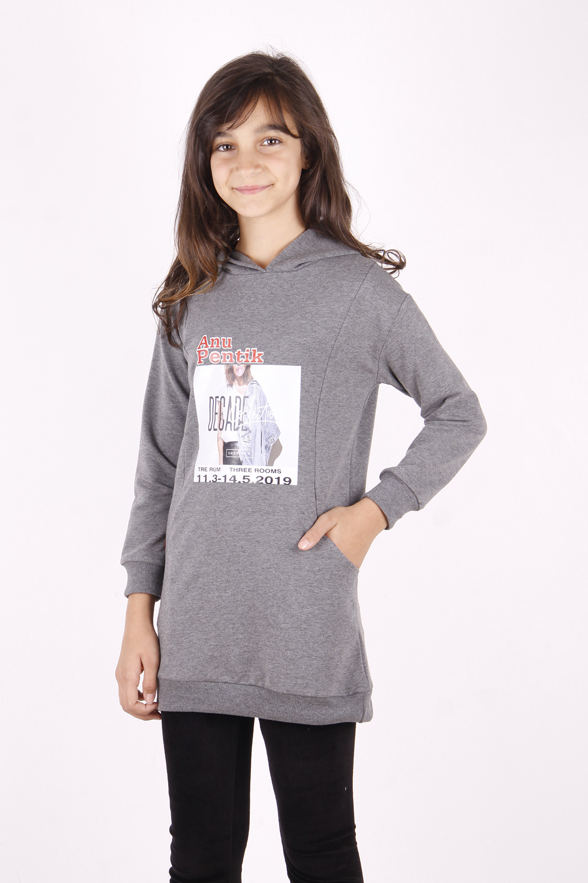 Toontoy Kız Çocuk Tarz Kız Baskılı Cepli Kapüşonlu Sweatshirt