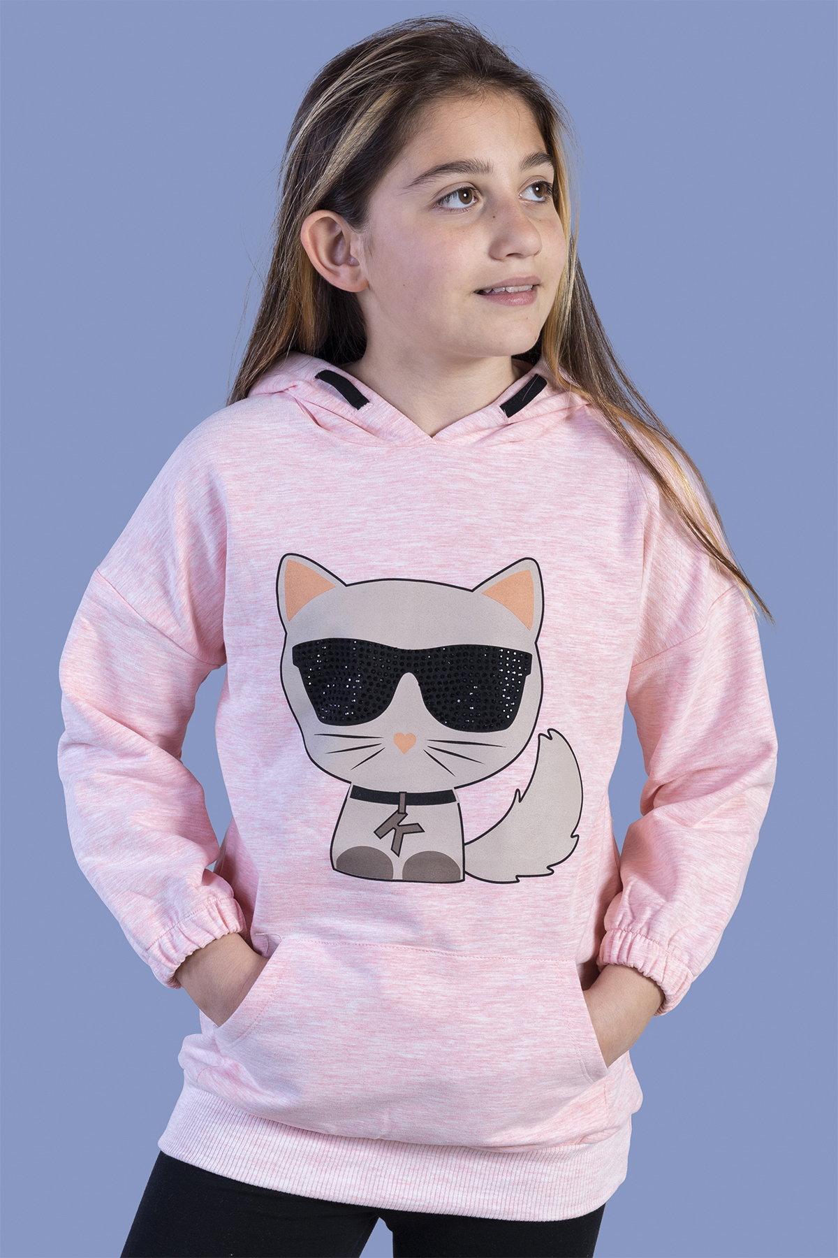 Toontoy Kız Çocuk Kedi Desenli Taş İşlemeli Kanguru Cepli Sweatsh