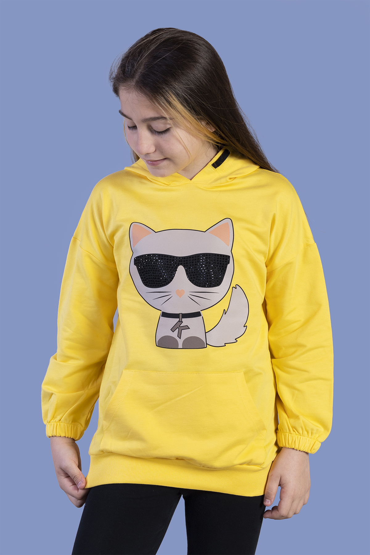 Toontoy Kız Çocuk Kedi Desenli Taş İşlemeli Kanguru Cepli Sweatsh