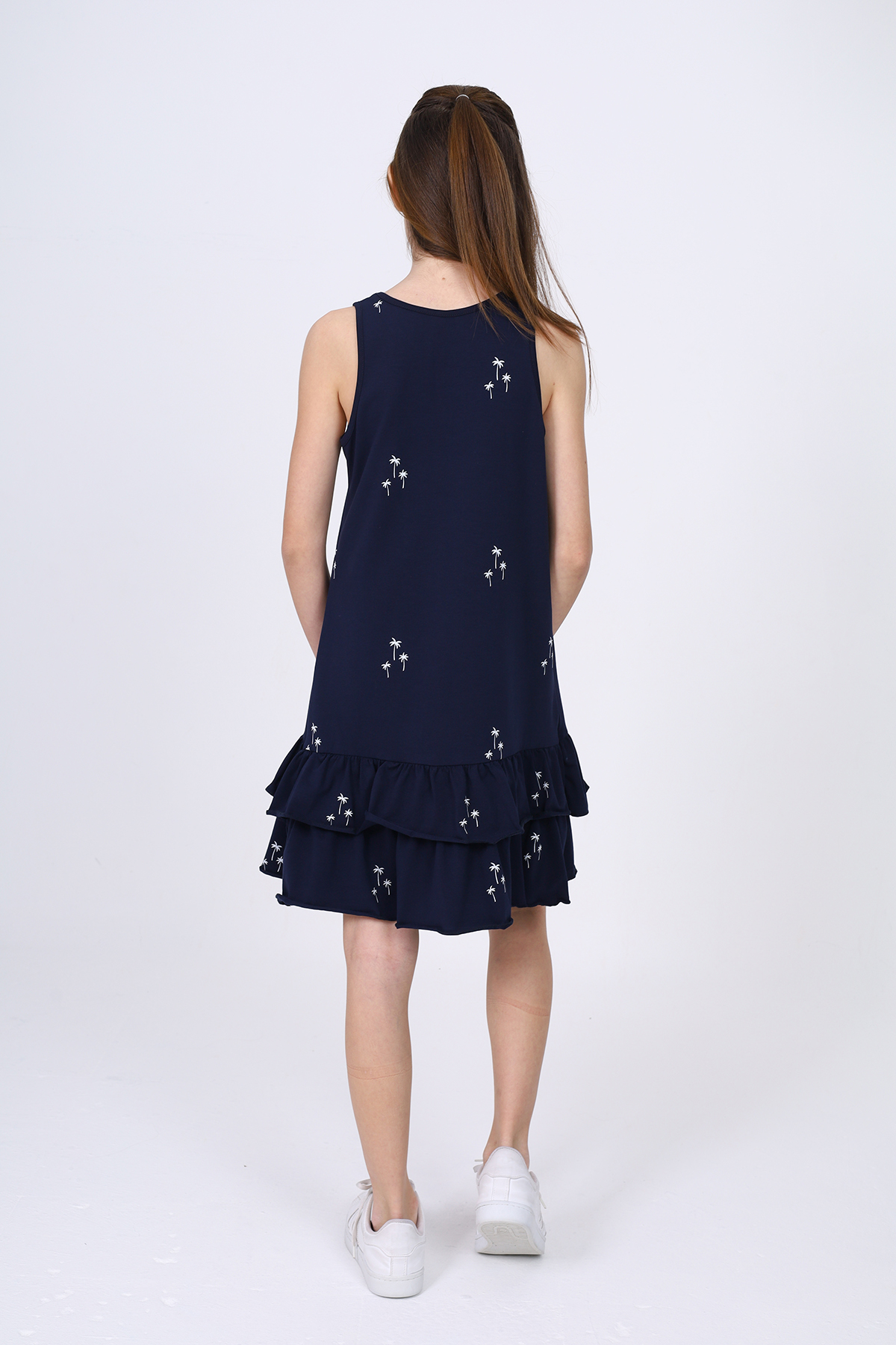 Toontoy Kız Çocuk Fırfırlı Palmiye Ağacı Baskılı Elbise