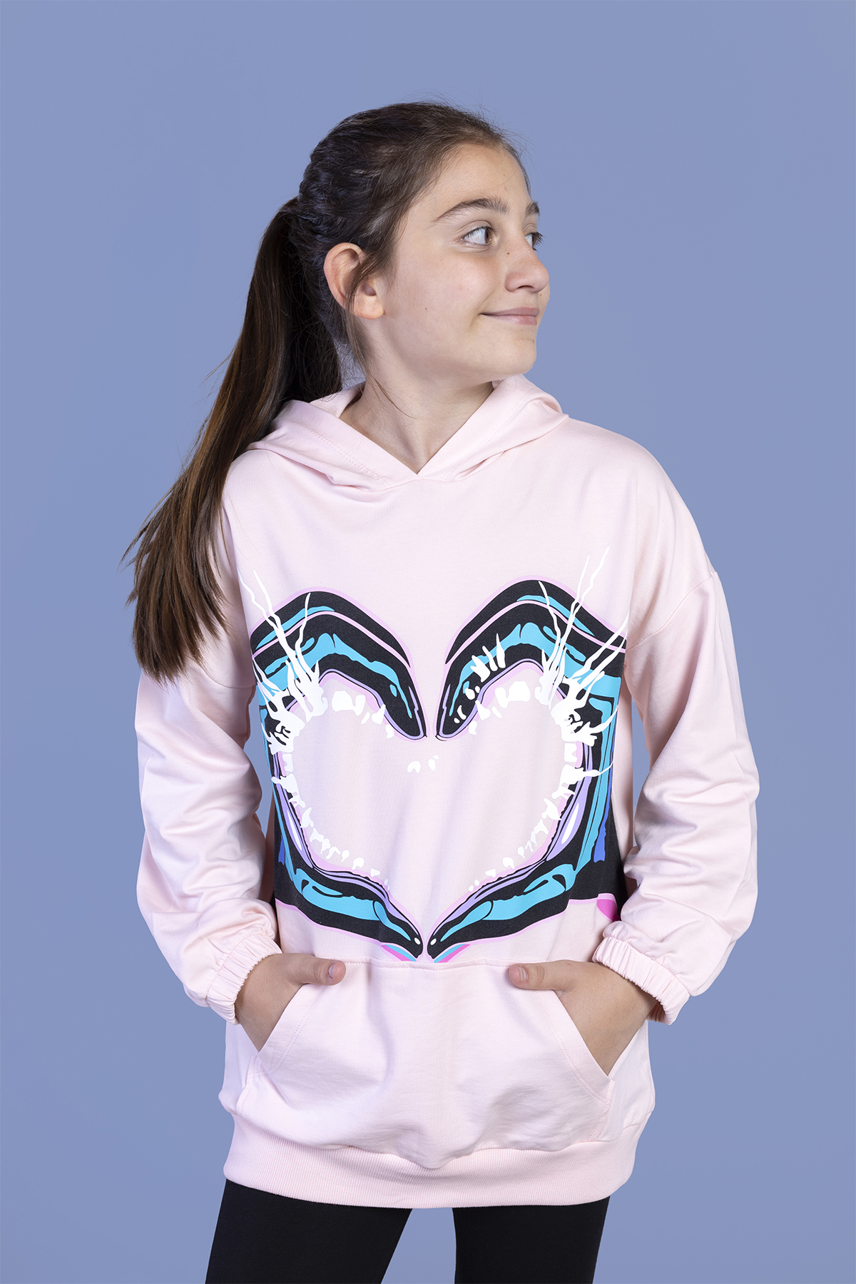 Toontoy Kız Çocuk Kapüşonlu Kanguru Cepli Baskılı Sweatshirt