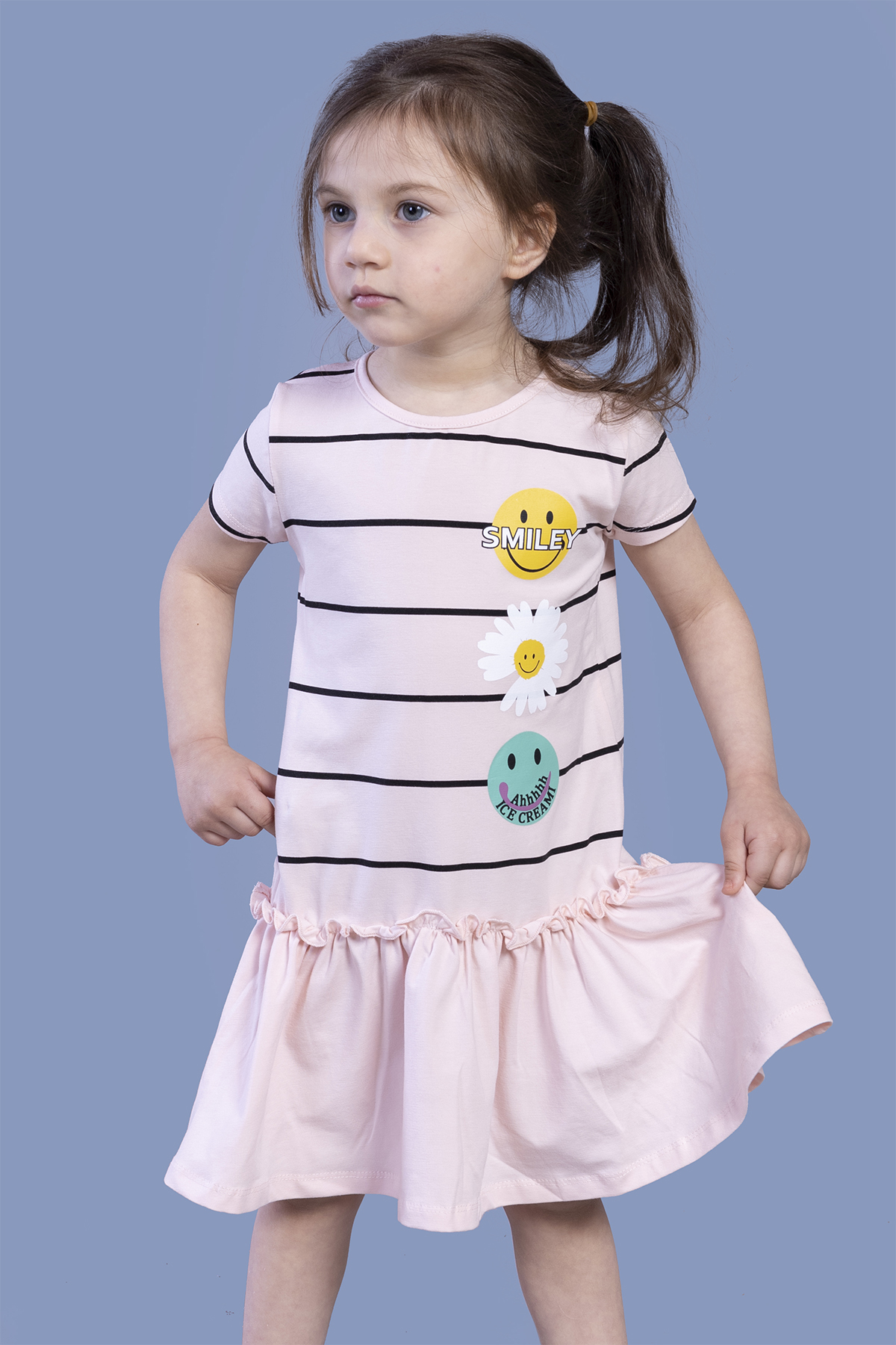 Toontoy Kız Çocuk Çizgi Desenli Büzgülü Elbise