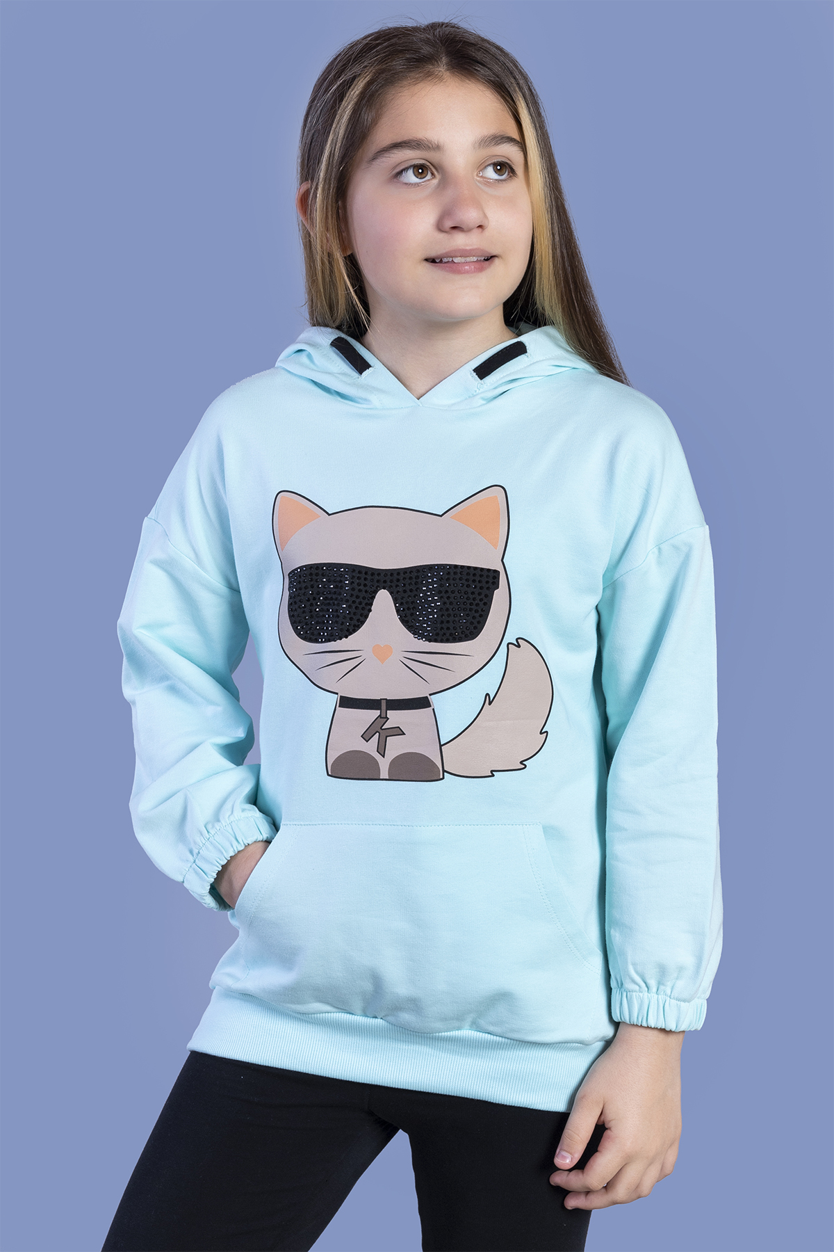 Toontoy Kız Çocuk Kedi Desenli Taş İşlemeli Kanguru Cepli Sweatsh