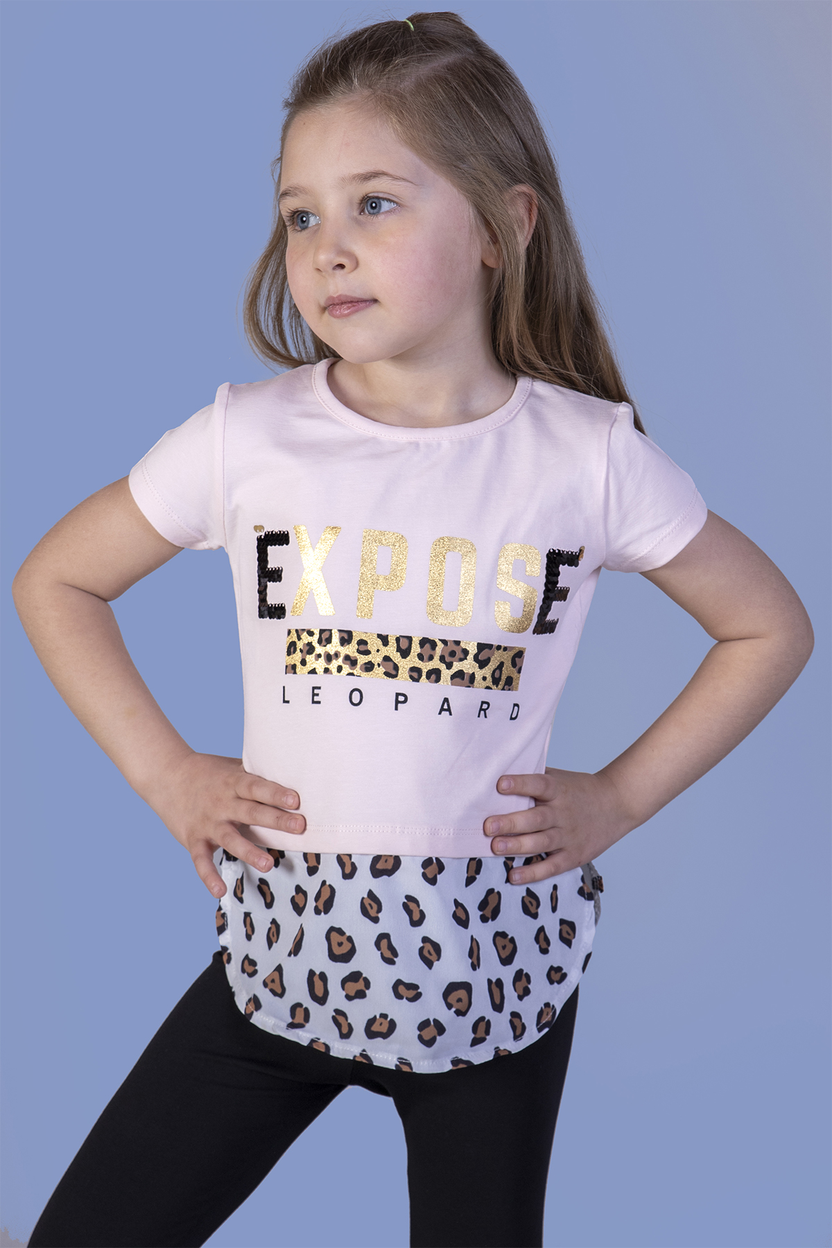 Toontoy Kız Çocuk Leopar Desenli Poplin Detaylı Tişört