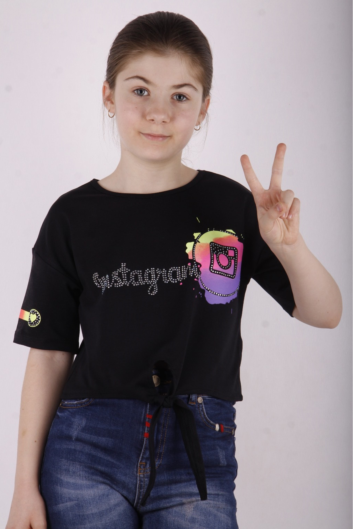 Toontoy Kız Çocuk Instagram Baskılı Göbekten Bağlamalı Tişört