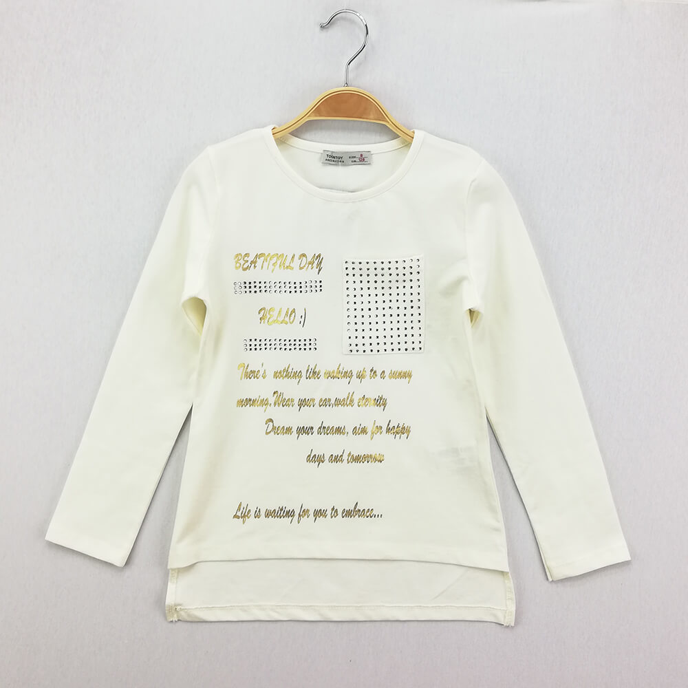 Toontoy Kız Çocuk T-Shirt Varak Baskı Cepli