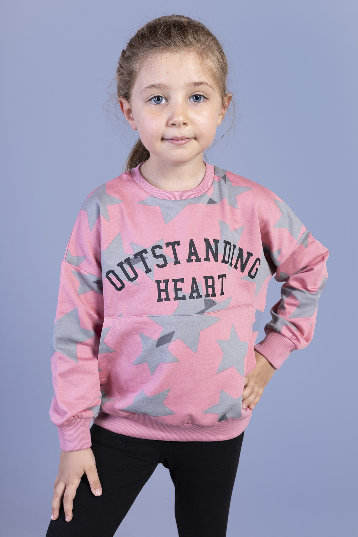 Toontoy Kız Çocuk Kanguru Cepli Komple Yıldız Baskılı Sweatshirt