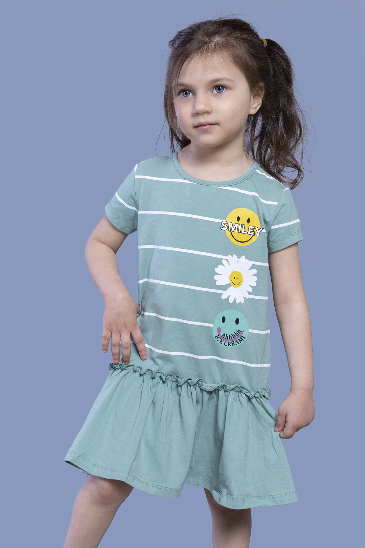 Toontoy Kız Çocuk Çizgi Desenli Büzgülü Elbise