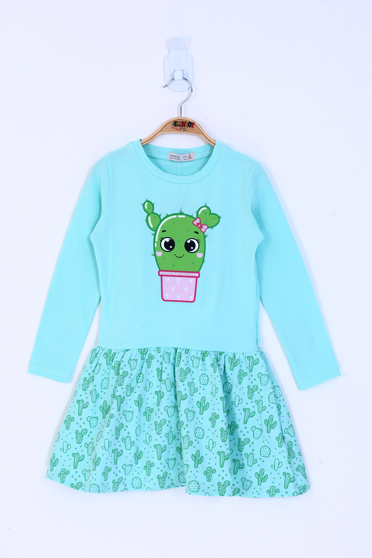 Toontoy Kız Çocuk Bisiklet Yaka Etek Volanlı Kaktüs Baskılı Elbis