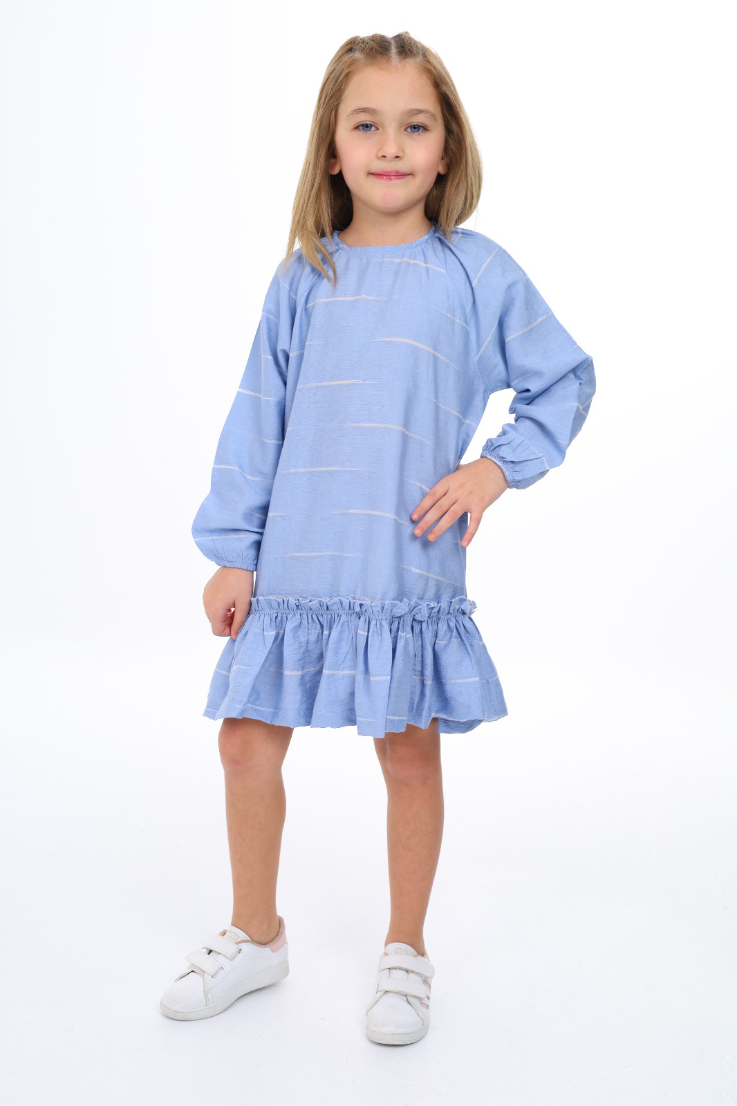 Toontoy Kız Çocuk Reglan Kol Fırfır Büzgülü Elbise