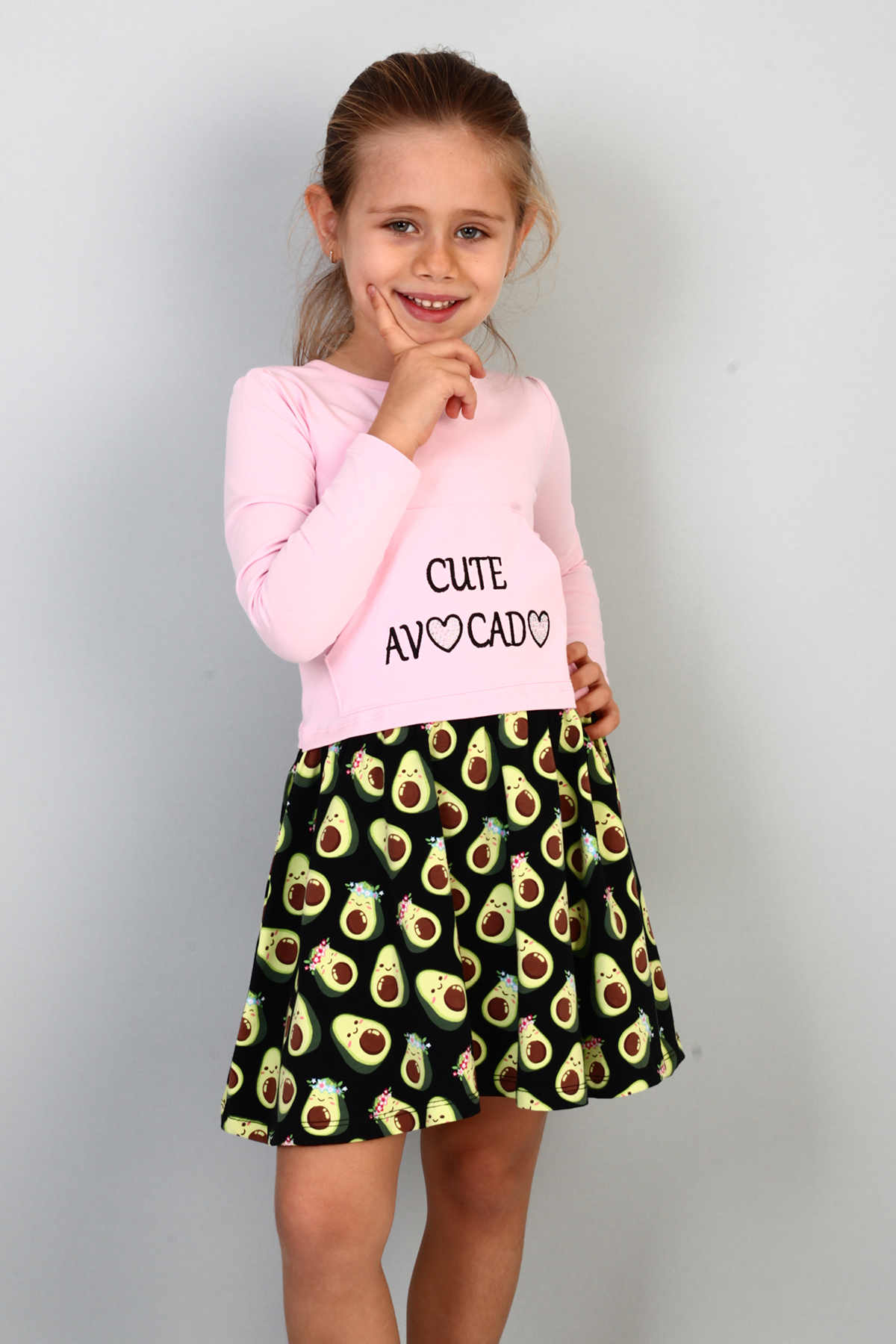 Toontoy Kız Çocuk Cute Avocado Naskışlı Eteği Desenli Elbise